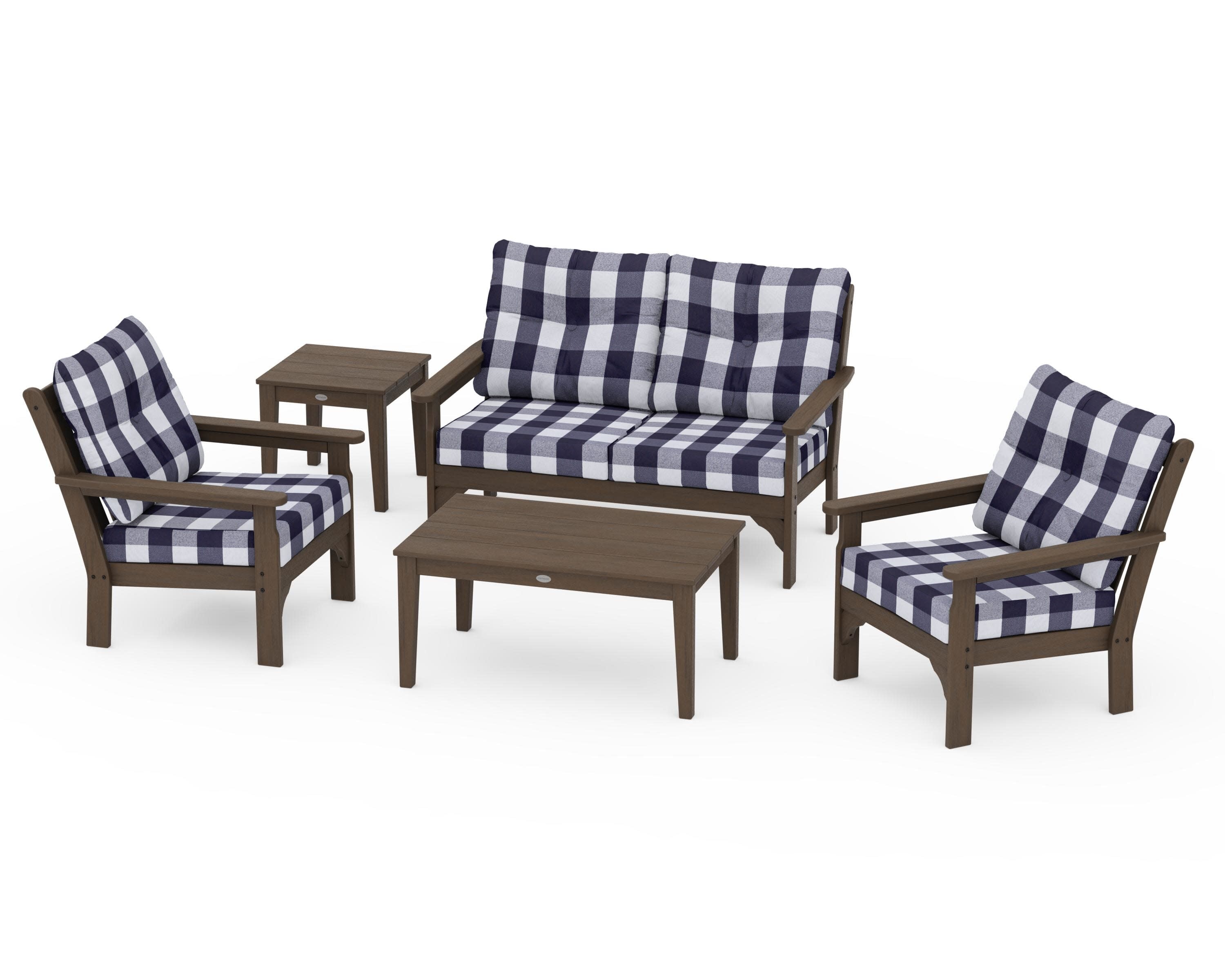 Vineyard 5-Piece Deep Seating Set in Kona / Buffalo Plaid Navy