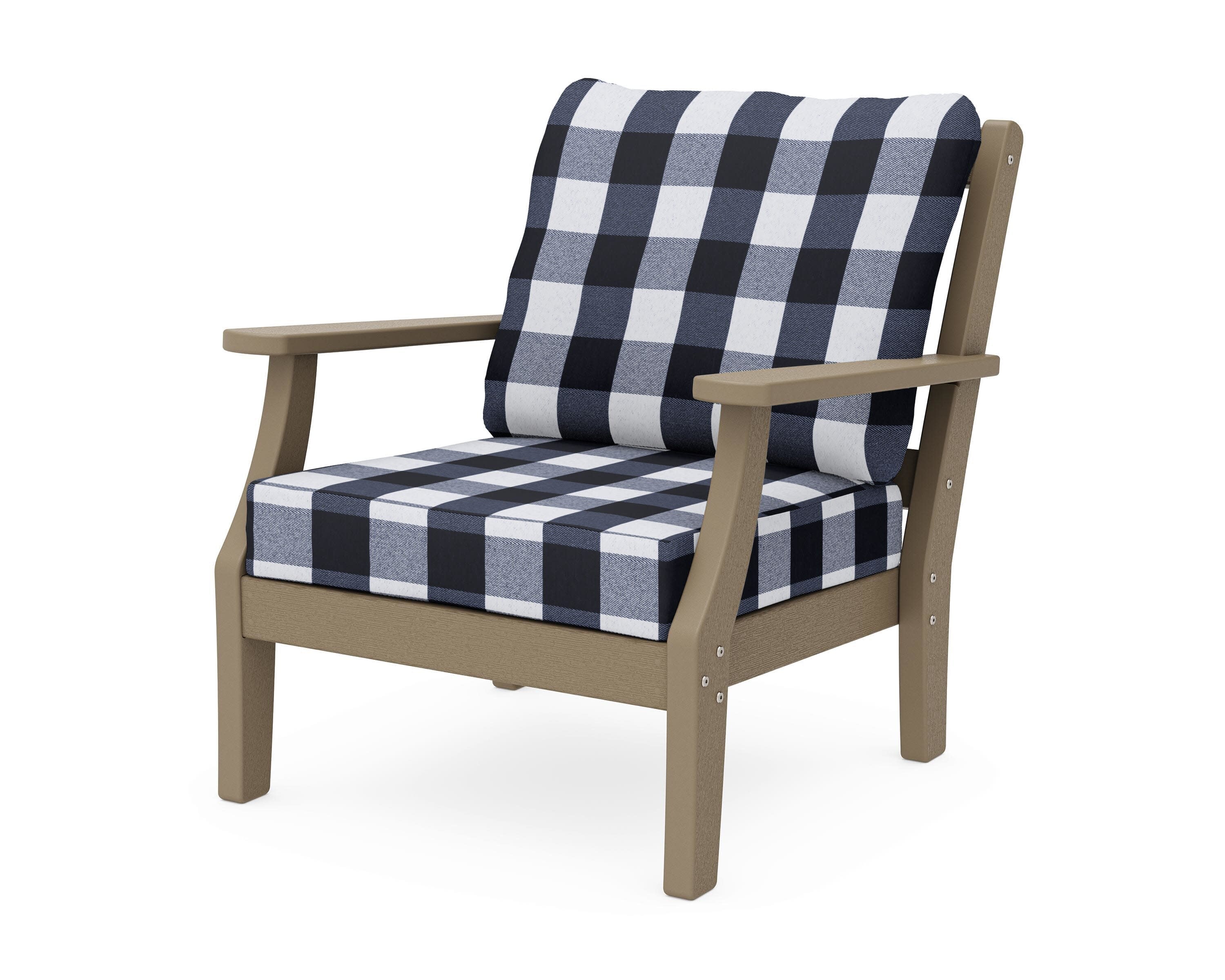 Chinoiserie Deep Seating Chair in Vintage Sahara / Buffalo Plaid Marine Indigo