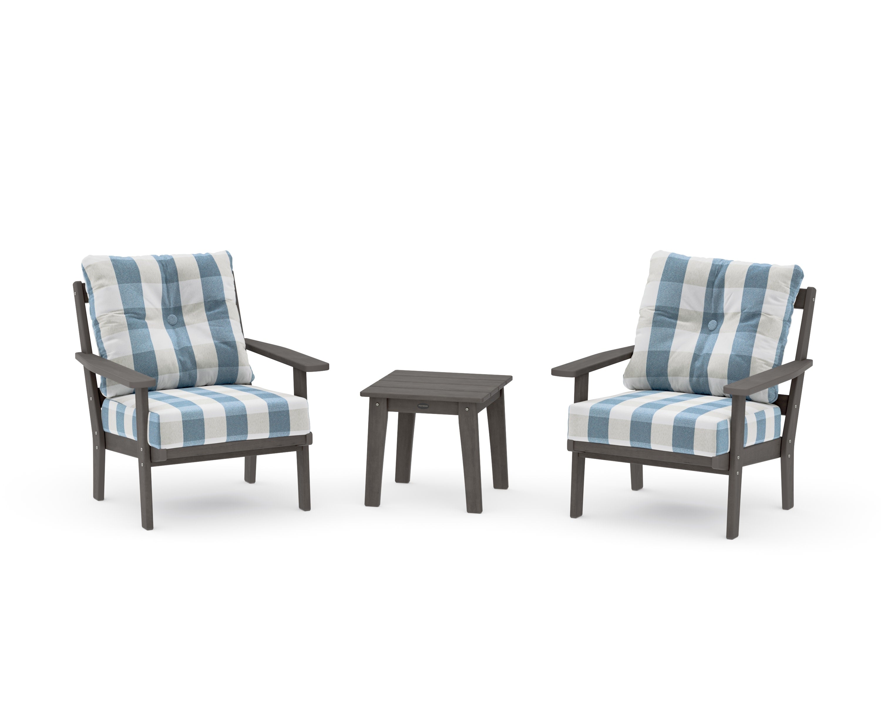 Oxford 3-Piece Deep Seating Set in Driftwood / Buffalo Plaid Sky Blue