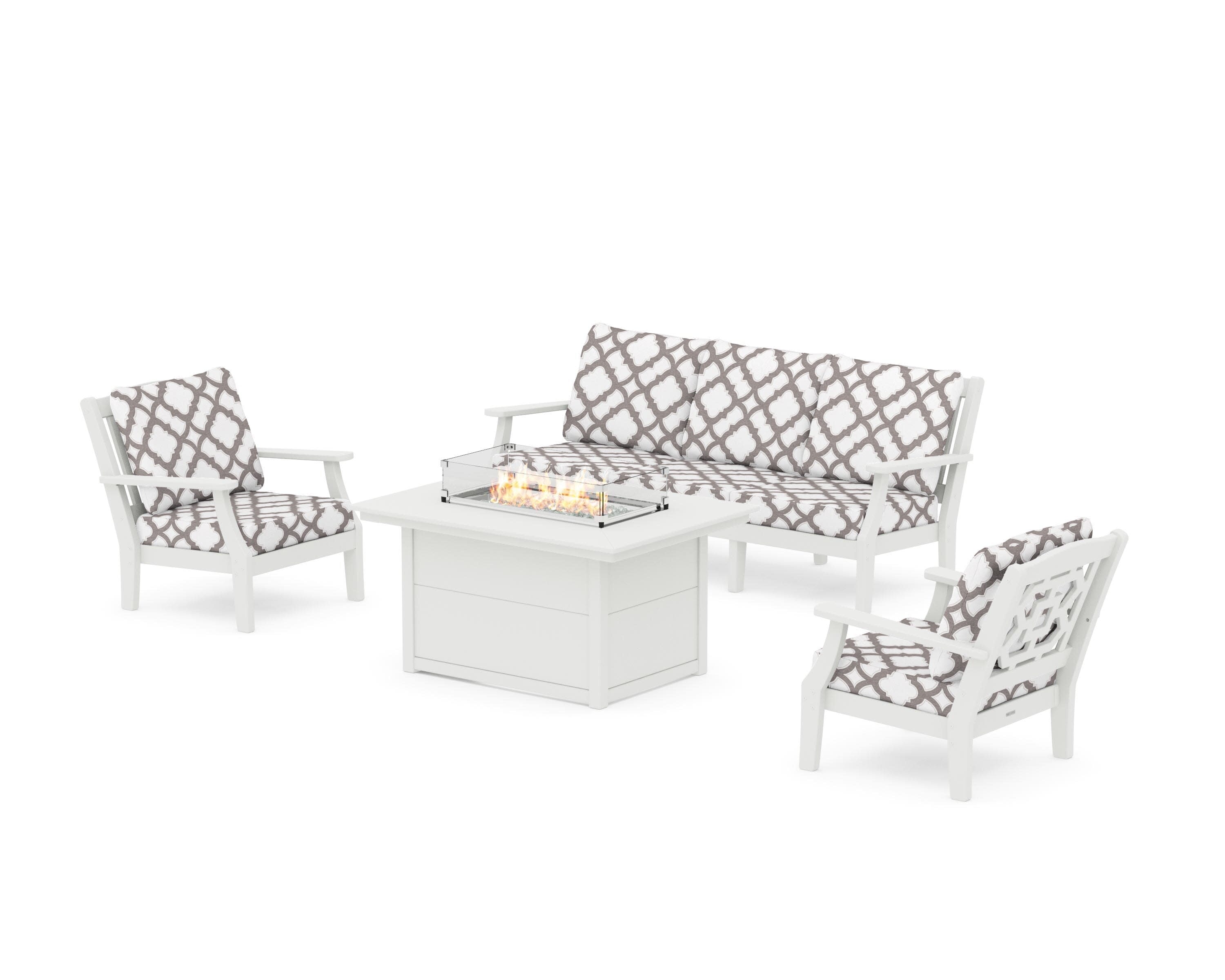 Chinoiserie Deep Seating Fire Pit Table Set in Vintage White / Trellis Grey Mist