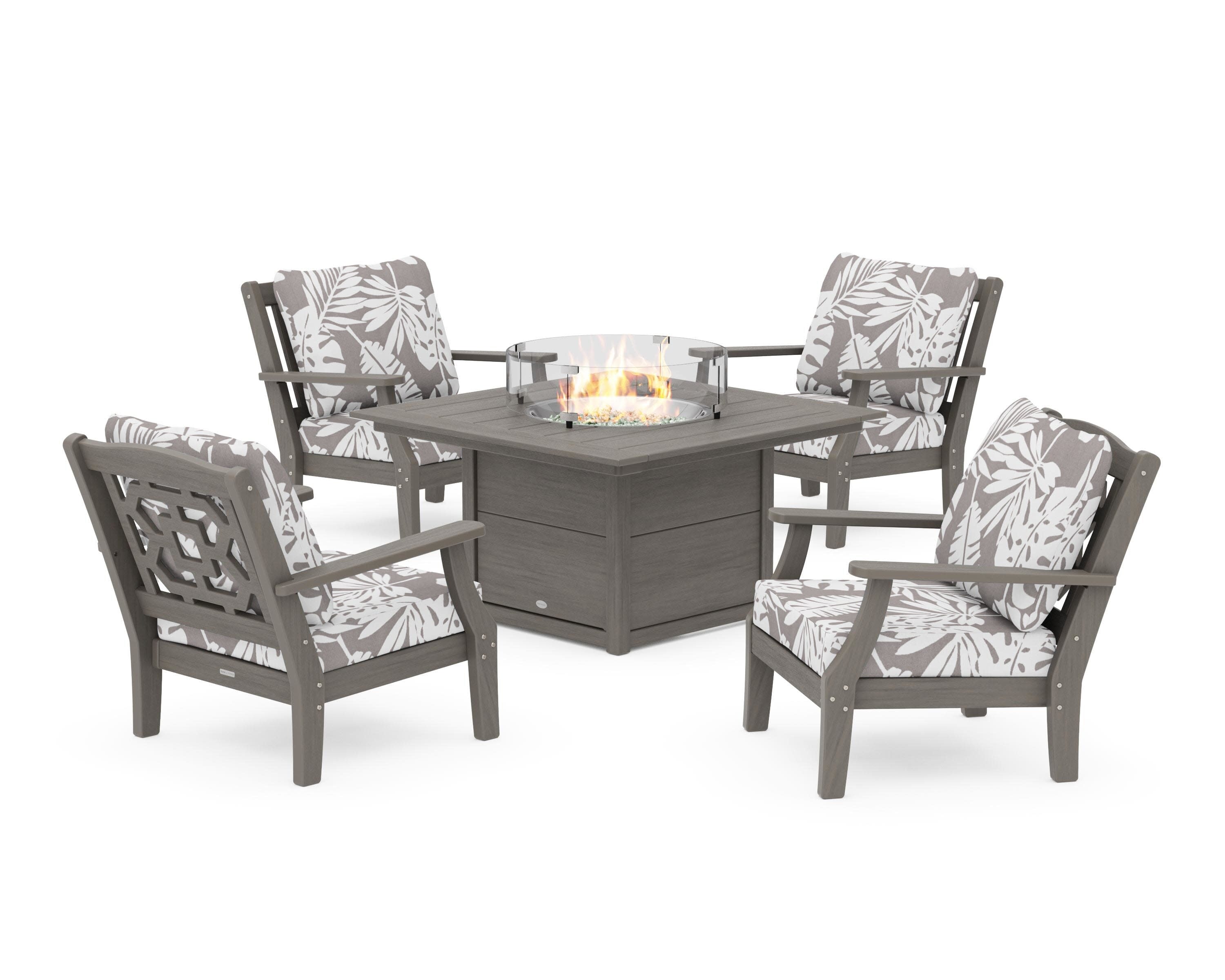 Chinoiserie 5-Piece Deep Seating Set with Fire Pit Table in Driftwood / Leaf Grey Mist