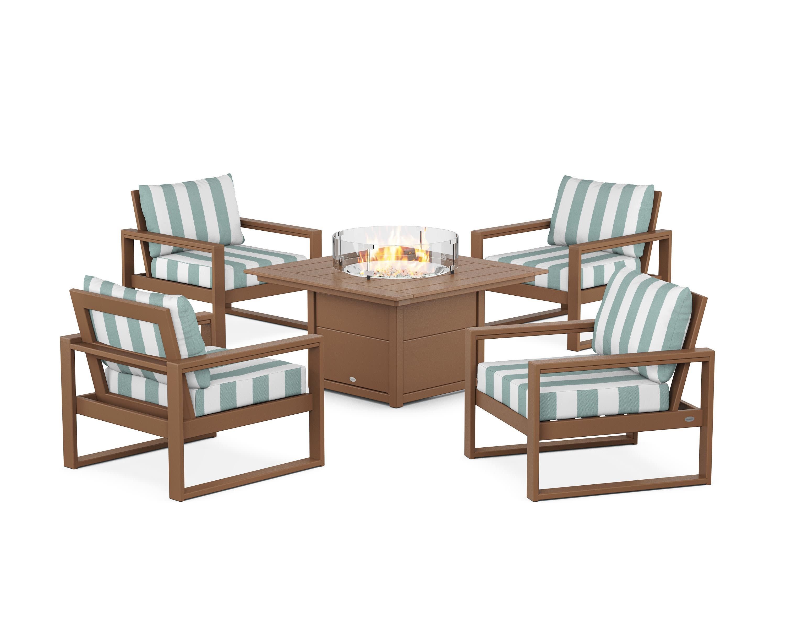 EDGE Sectional 5-Piece Deep Seating Set with Fire Pit Table in Teak / Cabana Stripe Glacier Spa