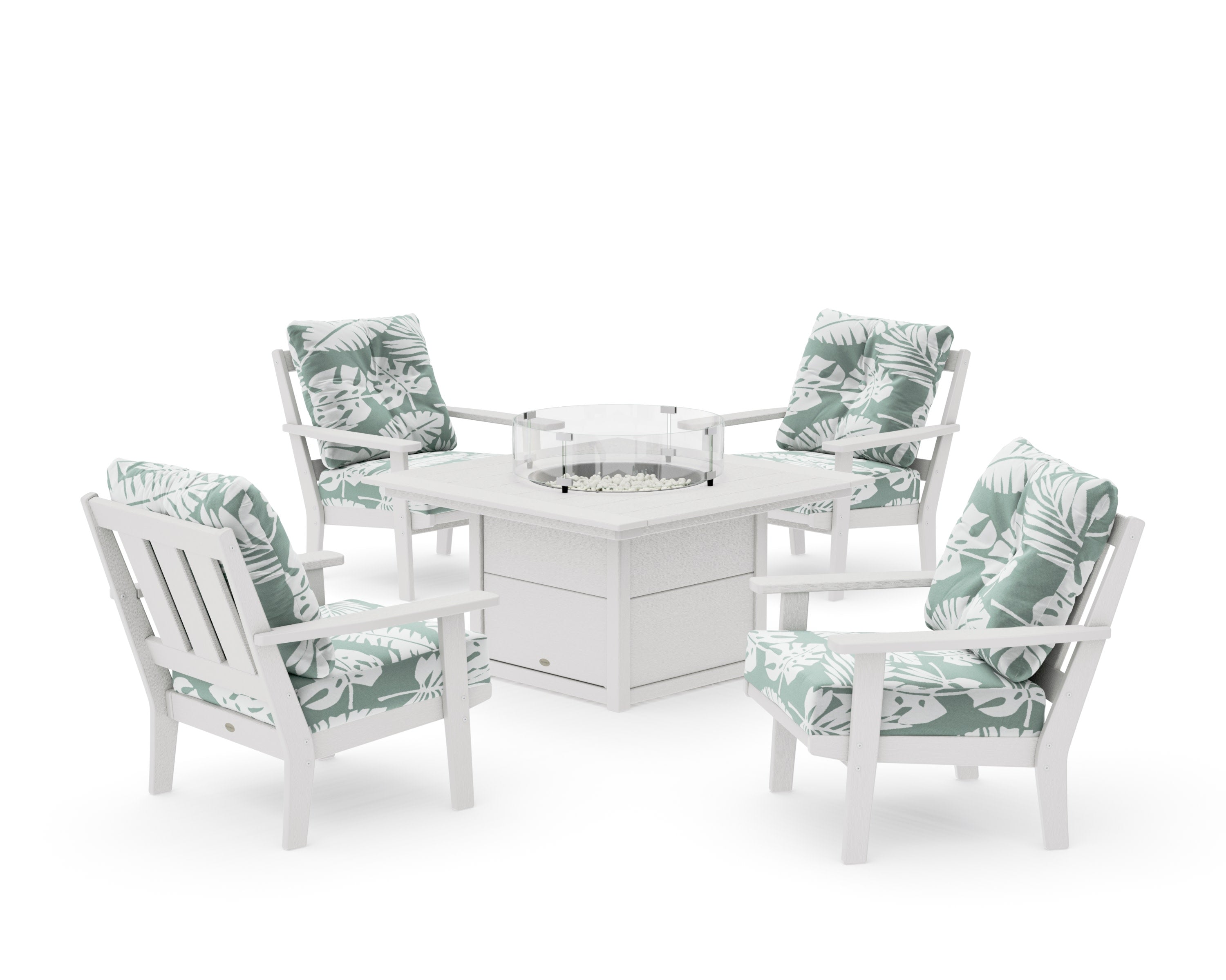 Oxford 5-Piece Deep Seating Set with Fire Pit Table in Vintage White / Leaf Glacier Spa