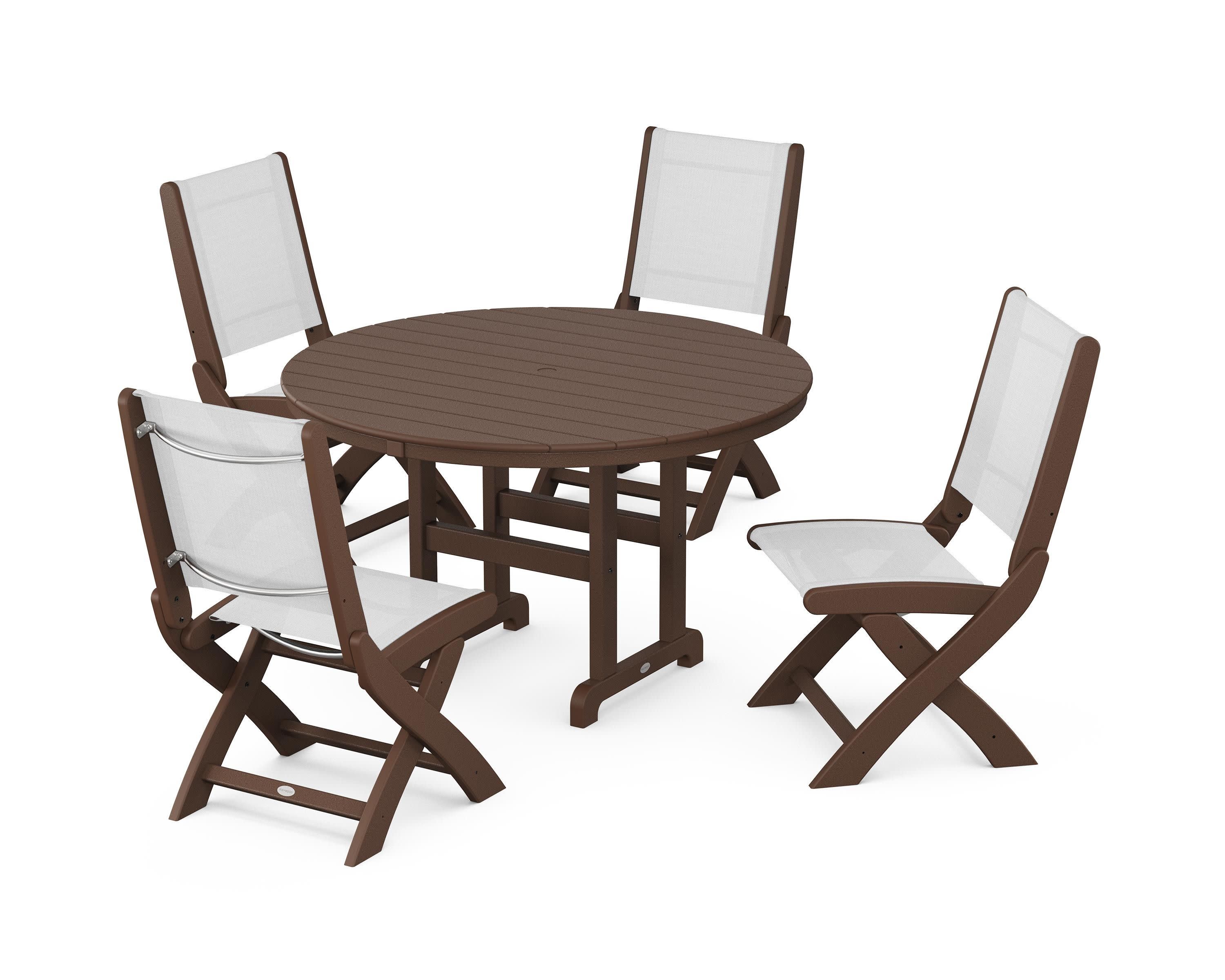 Coastal Folding Side Chair 5-Piece Round Dining Set in Mahogany / White Sling