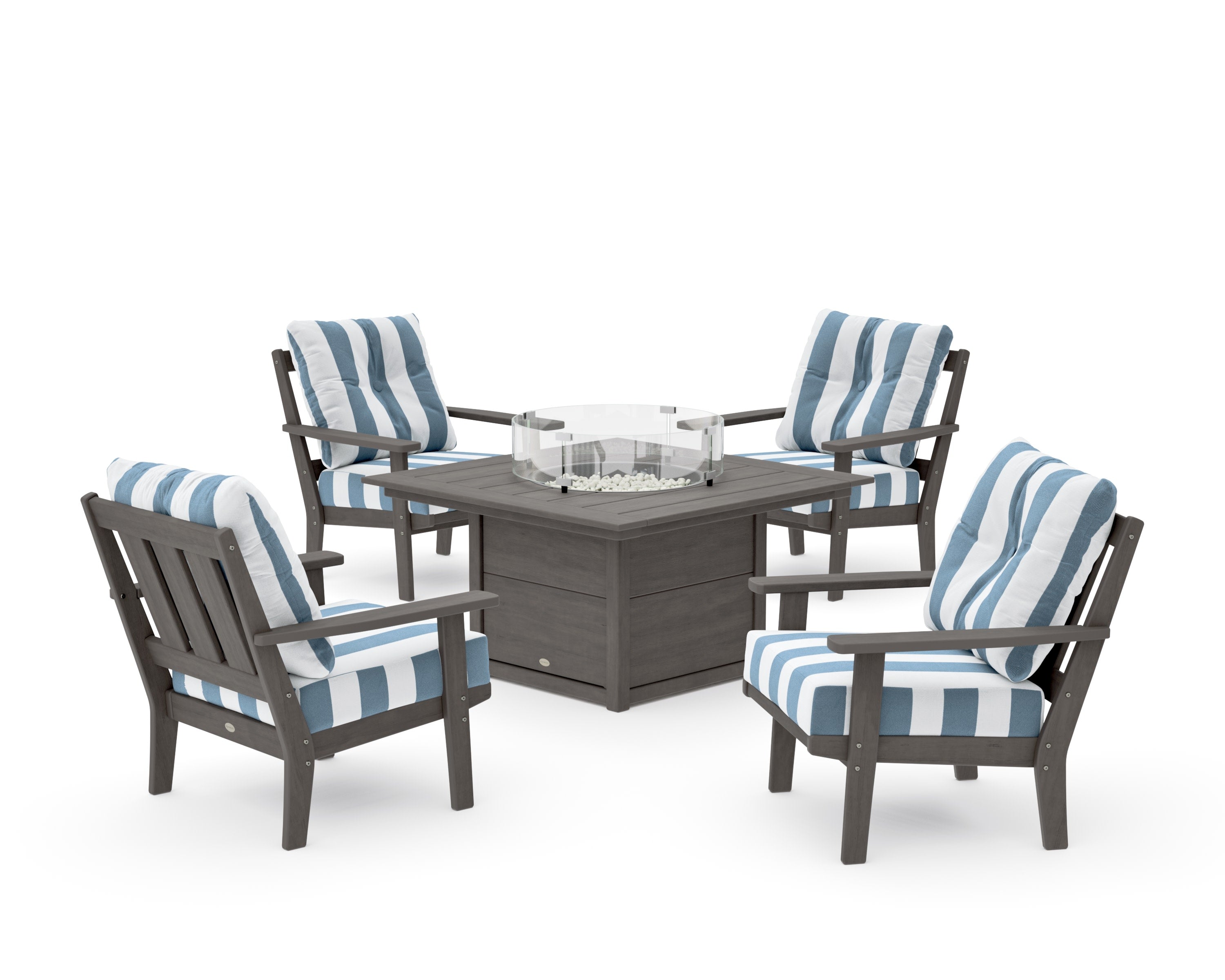 Oxford 5-Piece Deep Seating Set with Fire Pit Table in Driftwood / Cabana Stripe Sky Blue