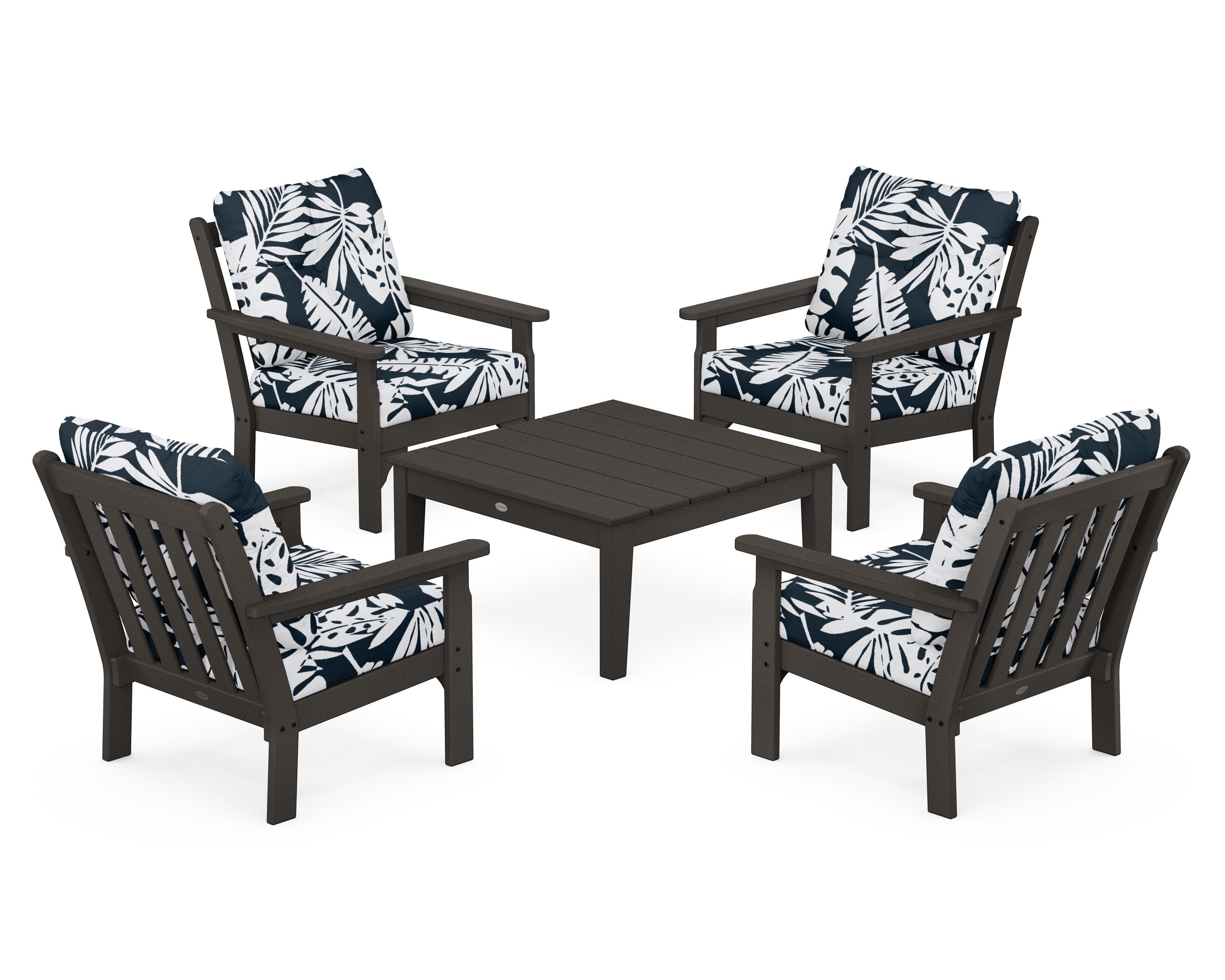 Vineyard 5-Piece Deep Seating Conversation Set in Vintage Coffee / Leaf Marine Indigo