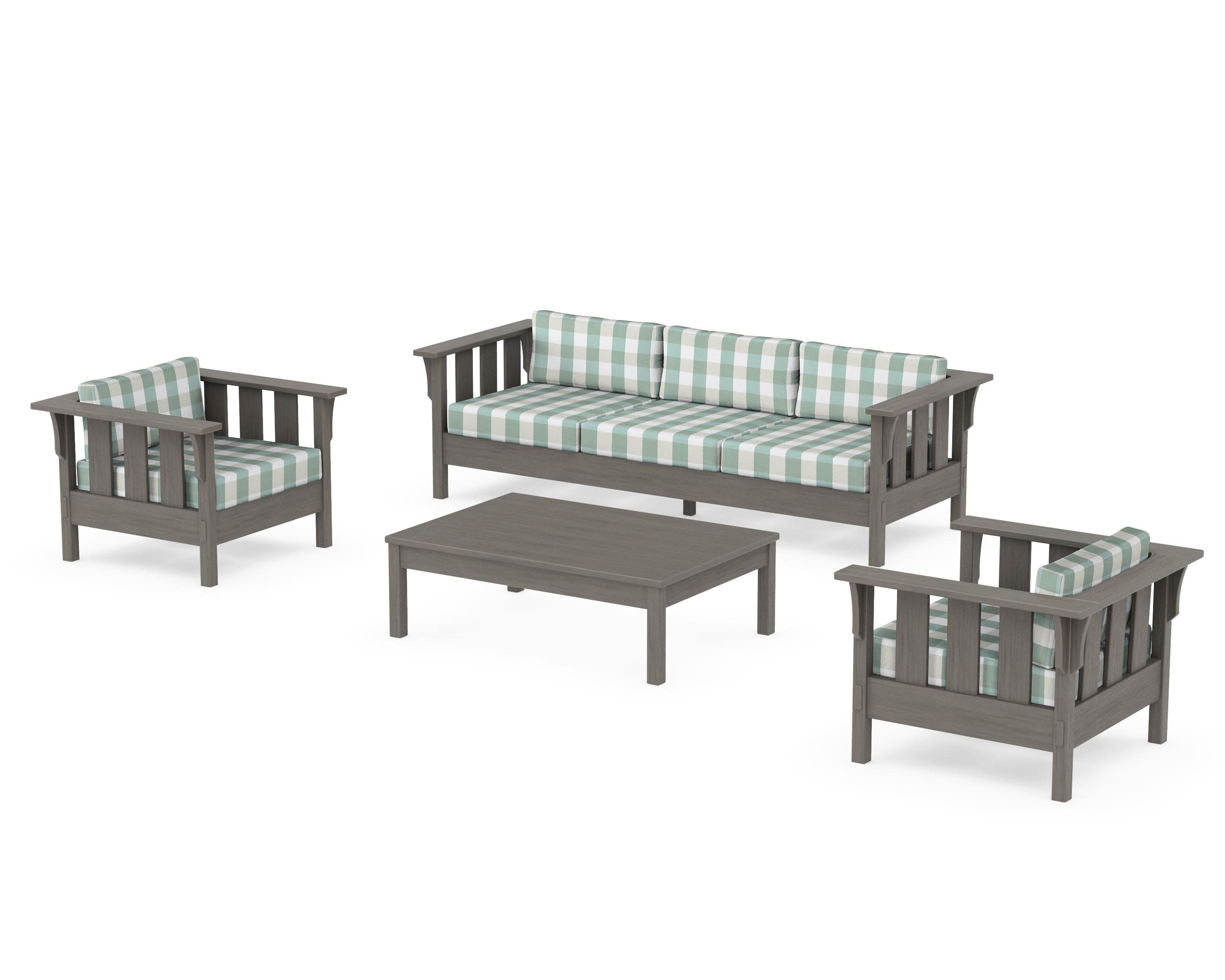 Acadia 4-Piece Deep Seating Set with Sofa in Driftwood / Buffalo Plaid Glacier Spa