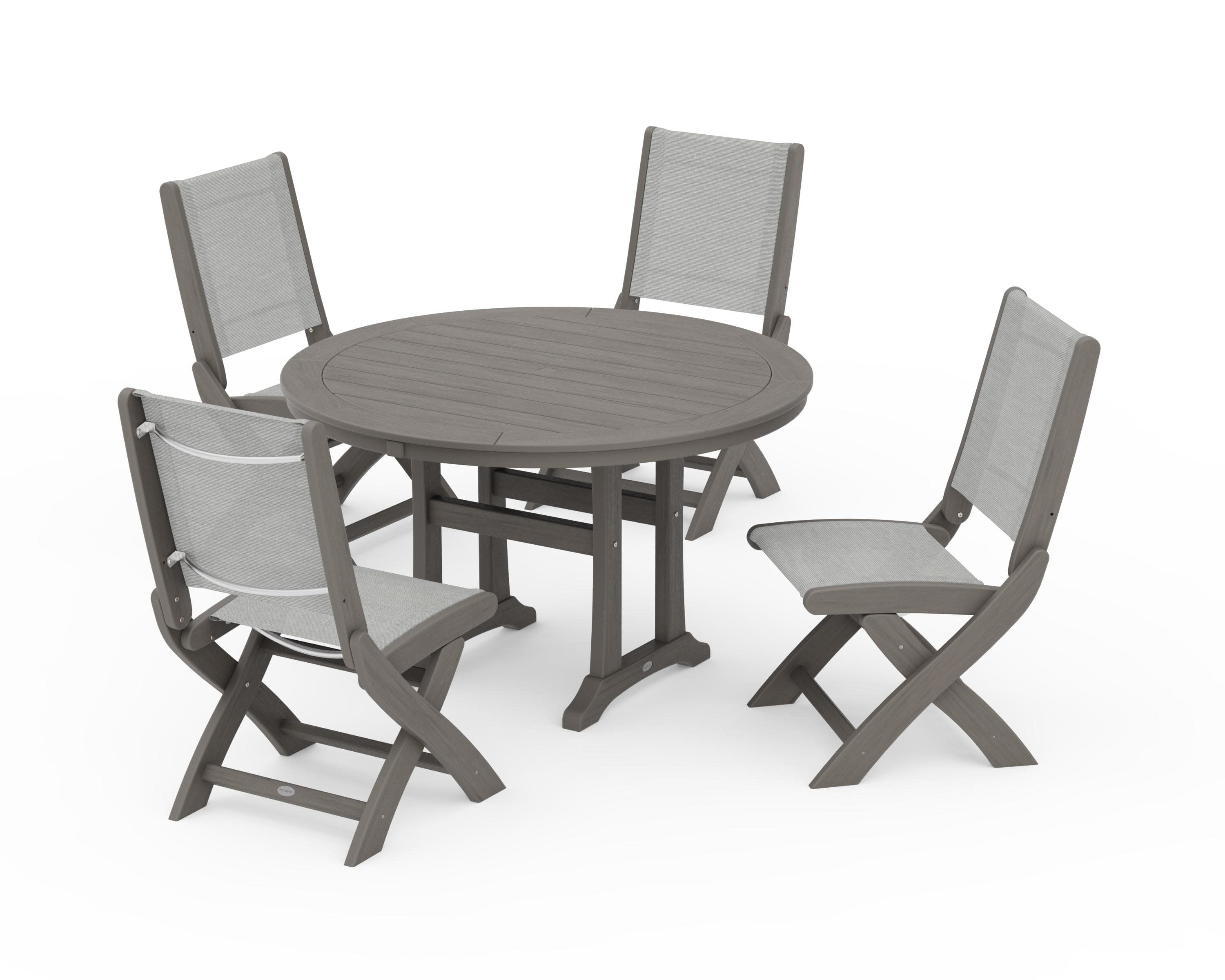 Coastal Folding Side Chair 5-Piece Round Dining Set With Trestle Legs in Driftwood / Metallic Sling