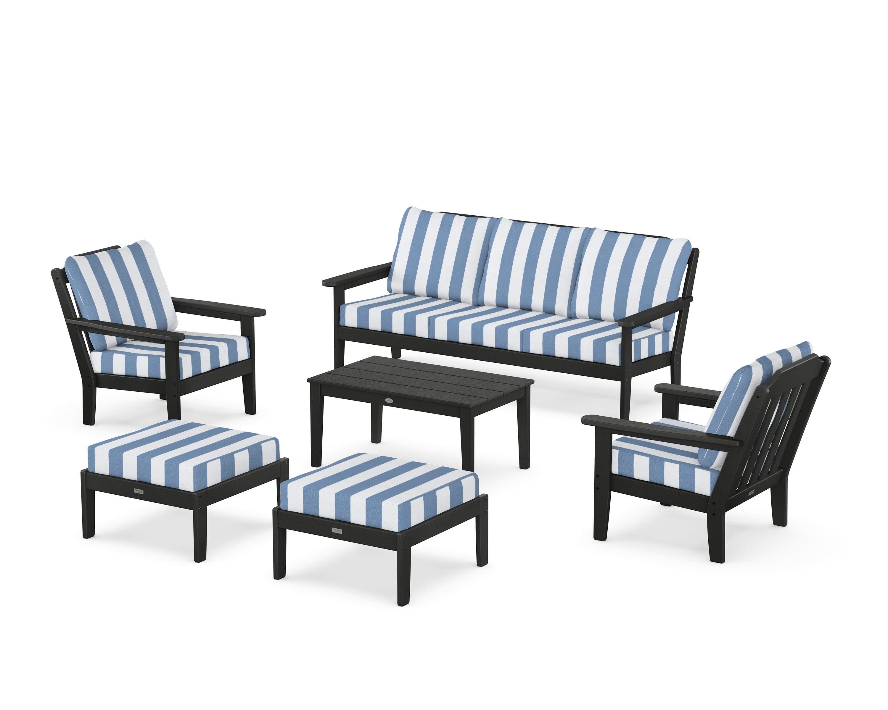 Cottage 6-Piece Lounge Sofa Set in Black / Cabana Stripe Sky Blue