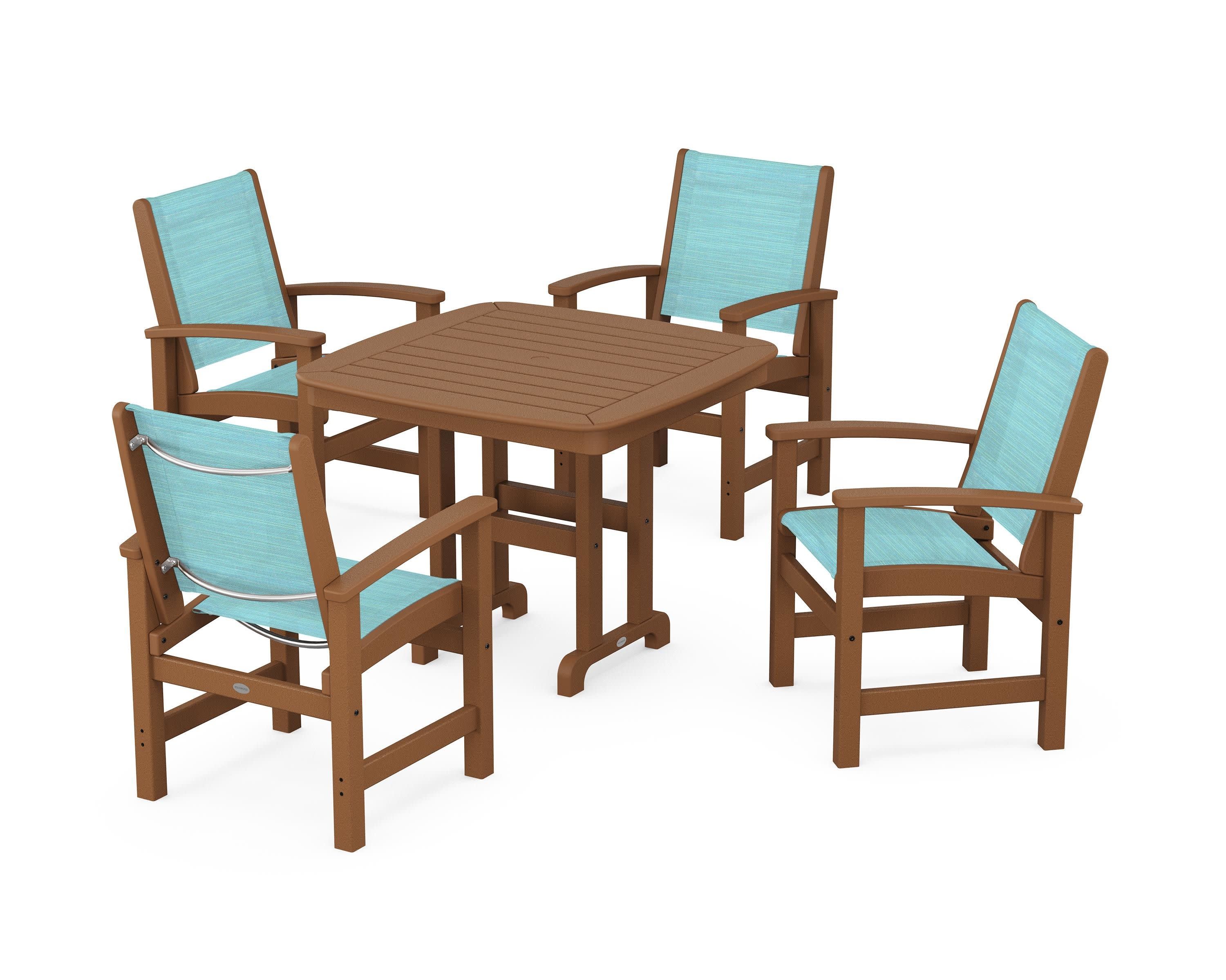 Coastal 5-Piece Dining Set in Teak / Dupioni Aquamarine Sling