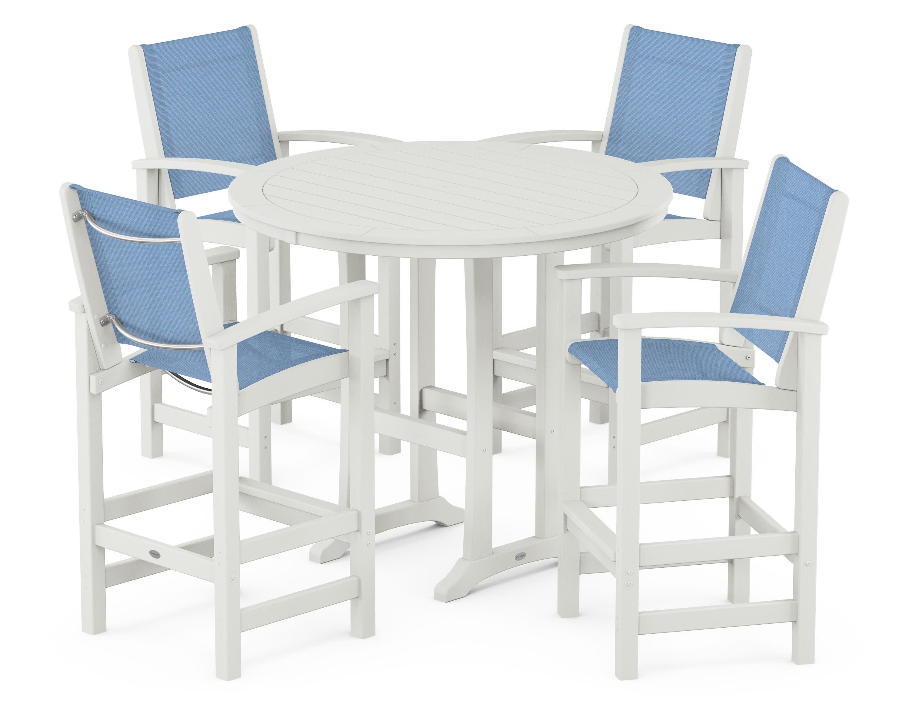 Coastal 5-Piece Nautical Trestle Bar Set in Vintage White / Poolside Sling