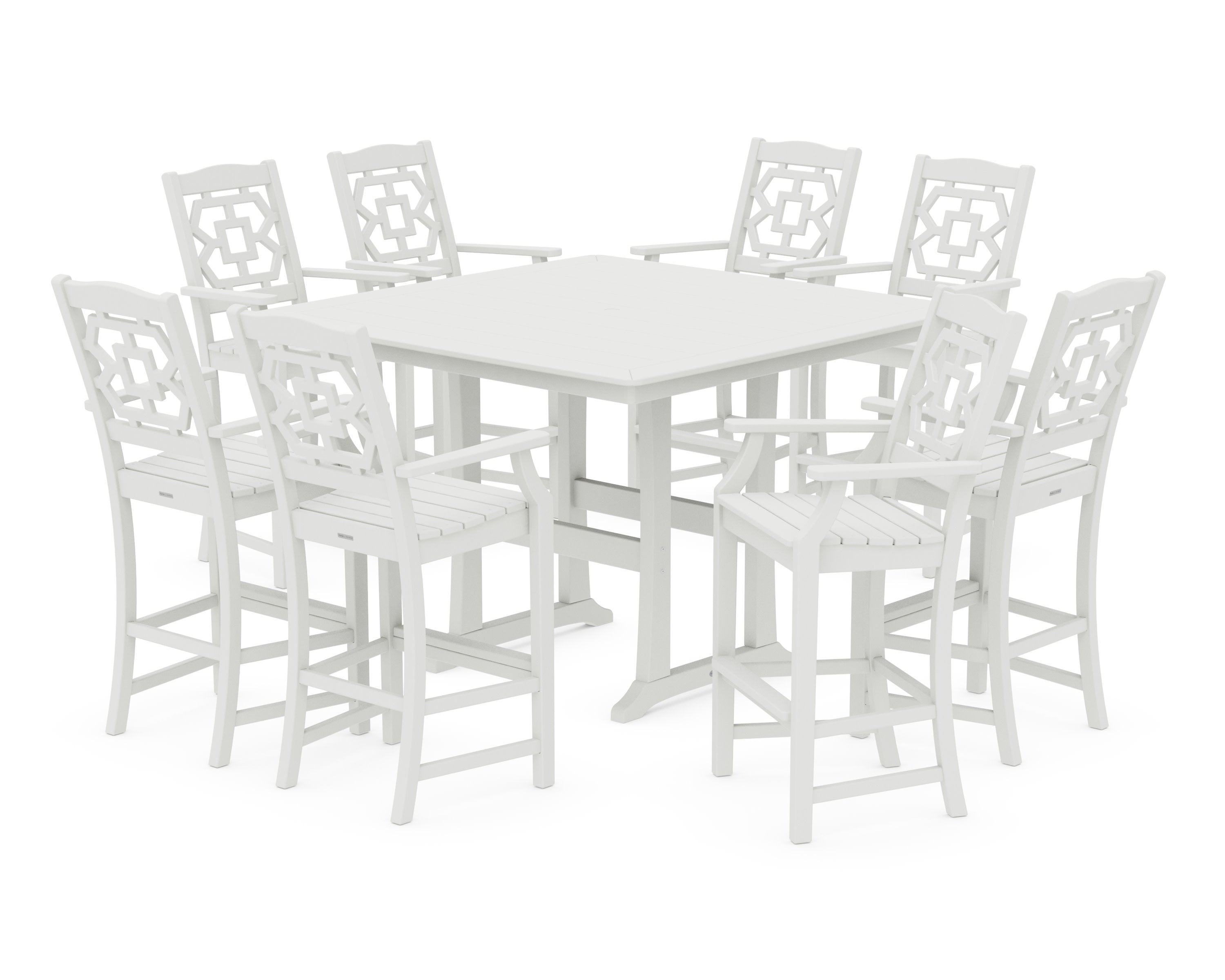 Chinoiserie 9-Piece Square Side Chair Bar Set with Trestle Legs in Vintage White
