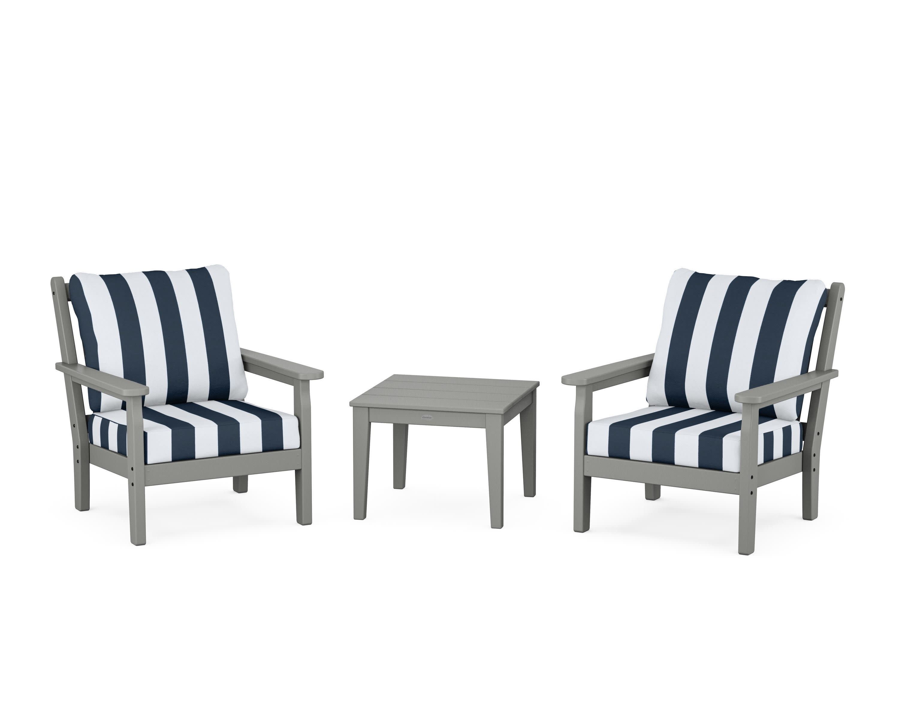 Chippendale 3-Piece Deep Seating Set in Slate Grey / Cabana Stripe Marine Indigo