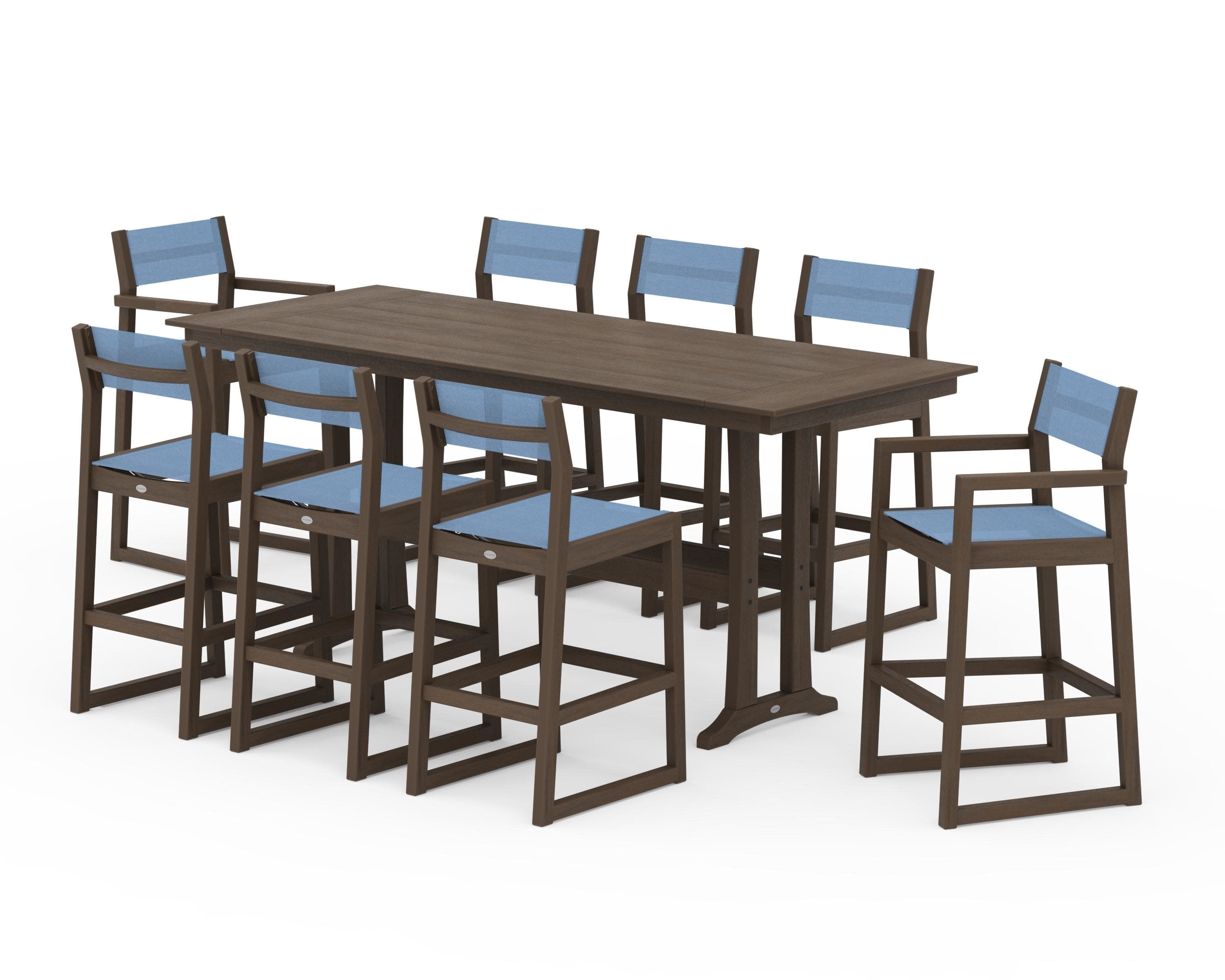 EDGE Sling 9-Piece Farmhouse Bar Set with Trestle Legs in Kona / Poolside Sling
