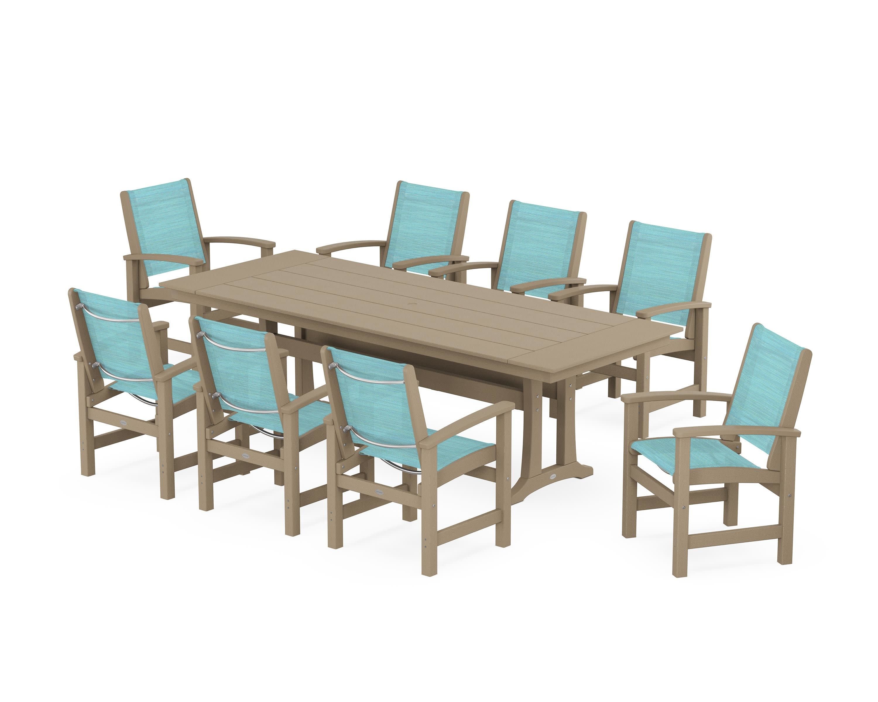 Coastal 9-Piece Farmhouse Dining Set with Trestle Legs in Vintage Sahara / Dupioni Aquamarine Sling