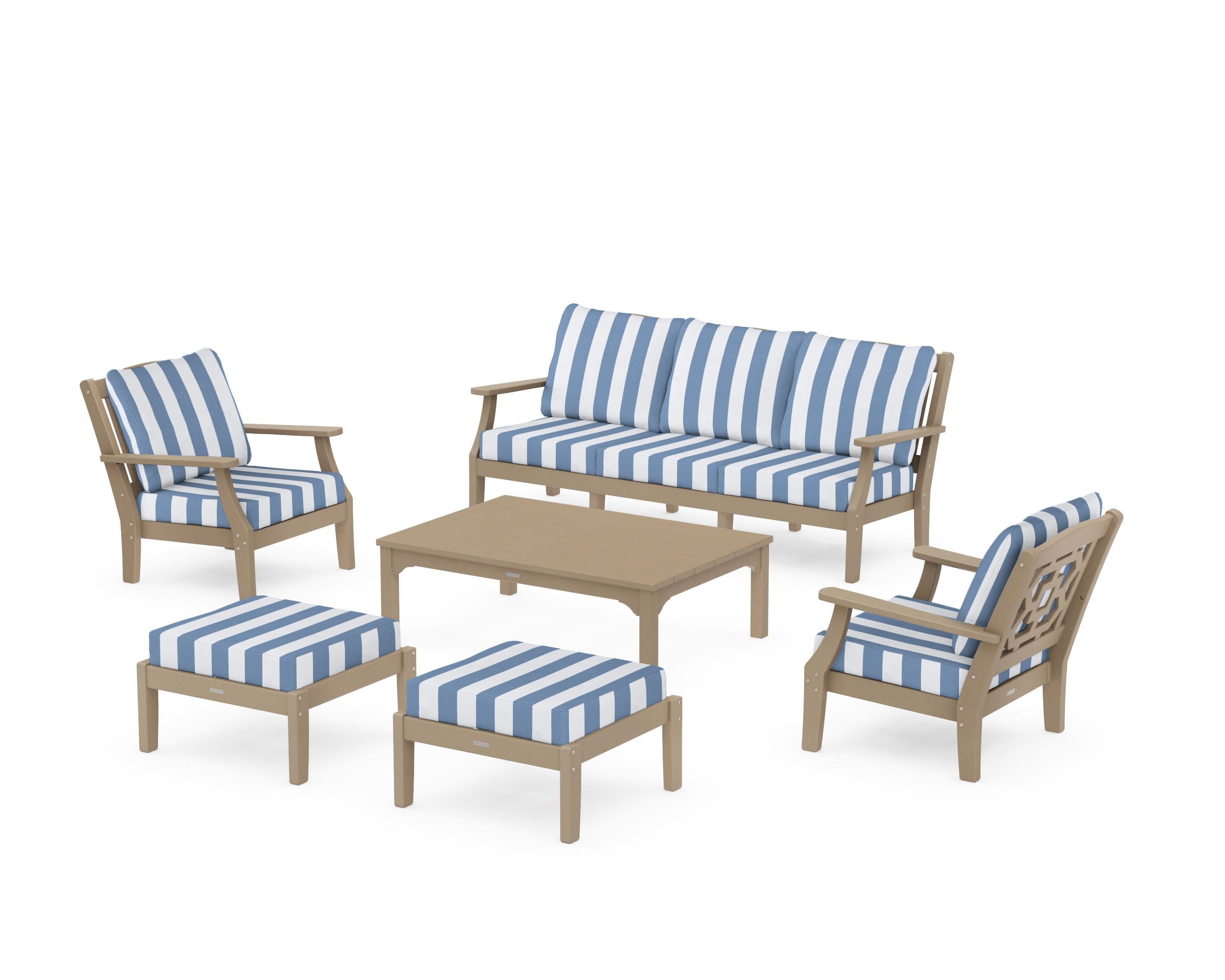 Chinoiserie 6-Piece Lounge Sofa Set in Vintage Sahara / Cabana Stripe Sky Blue