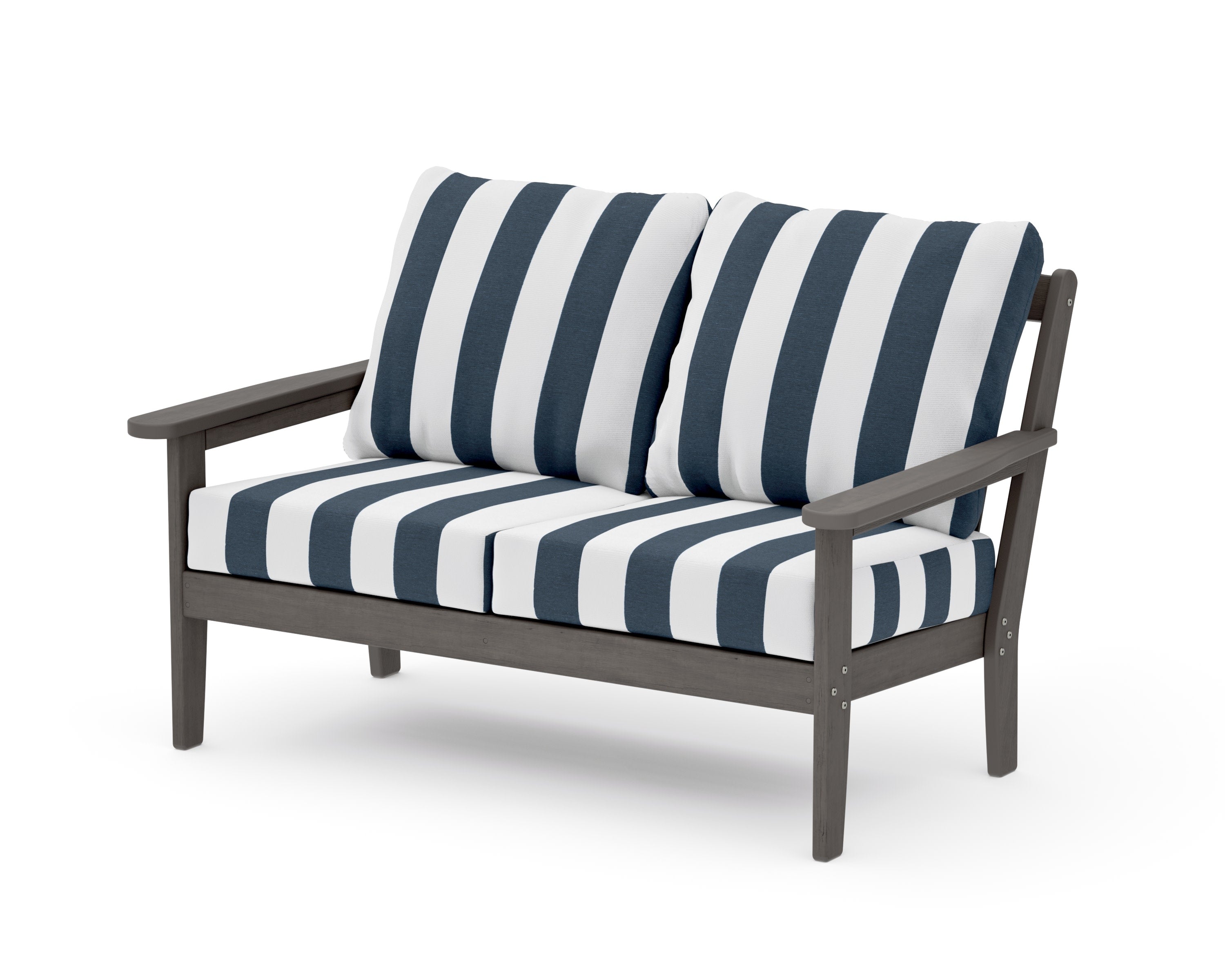 Cottage Deep Seating Loveseat in Driftwood / Cabana Stripe Marine Indigo