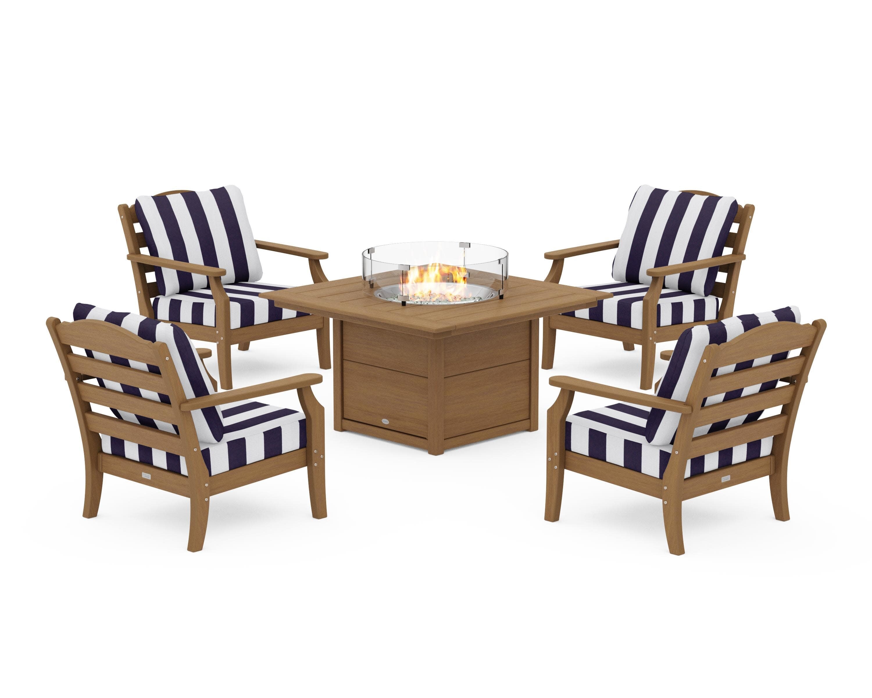 Savannah 5-Piece Deep Seating Set with Fire Pit Table in Natural / Cabana Stripe Navy