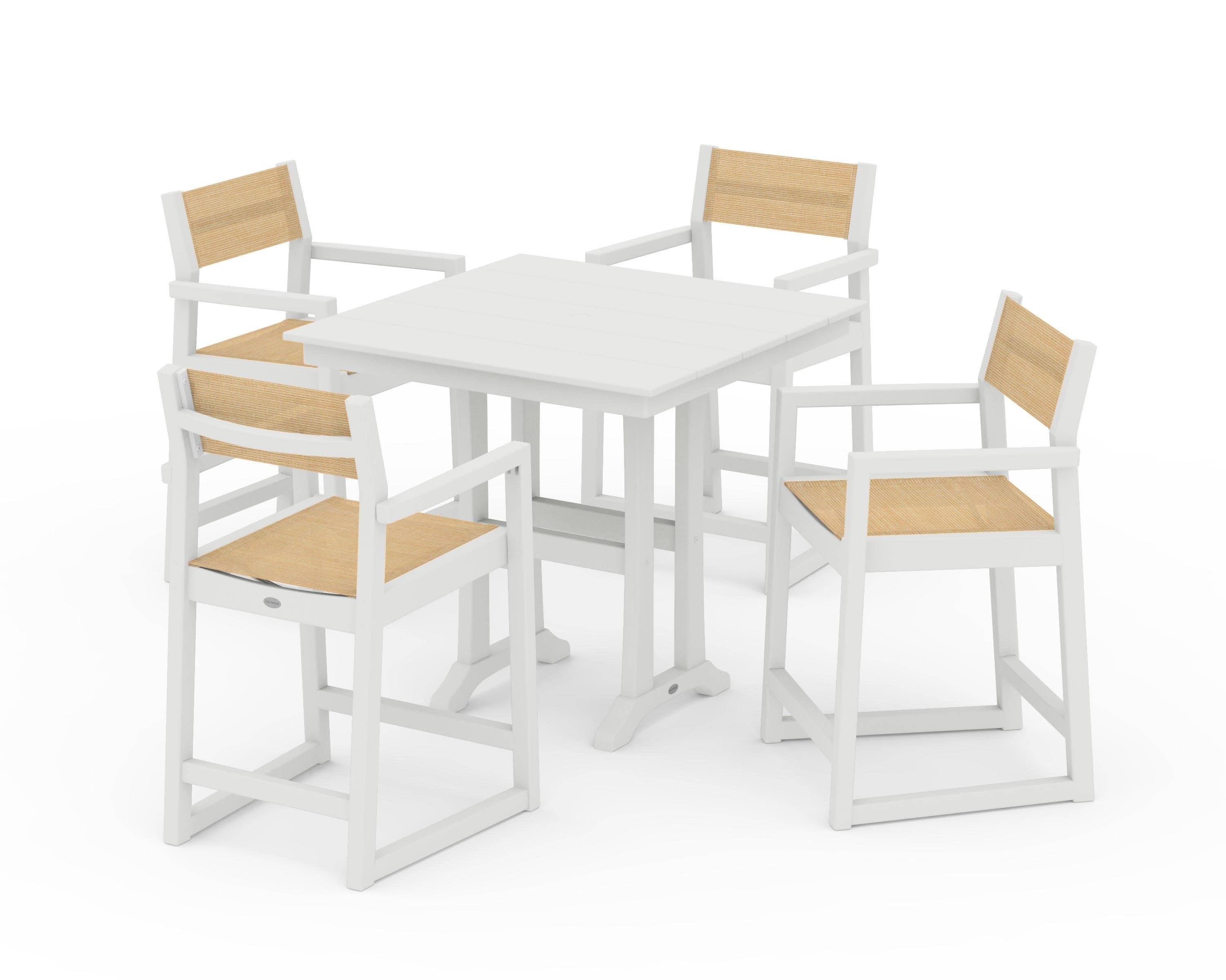 EDGE Sling Arm Chair 5-Piece Farmhouse Counter Set with Trestle Legs in Vintage White / Dupioni Apricot Sling