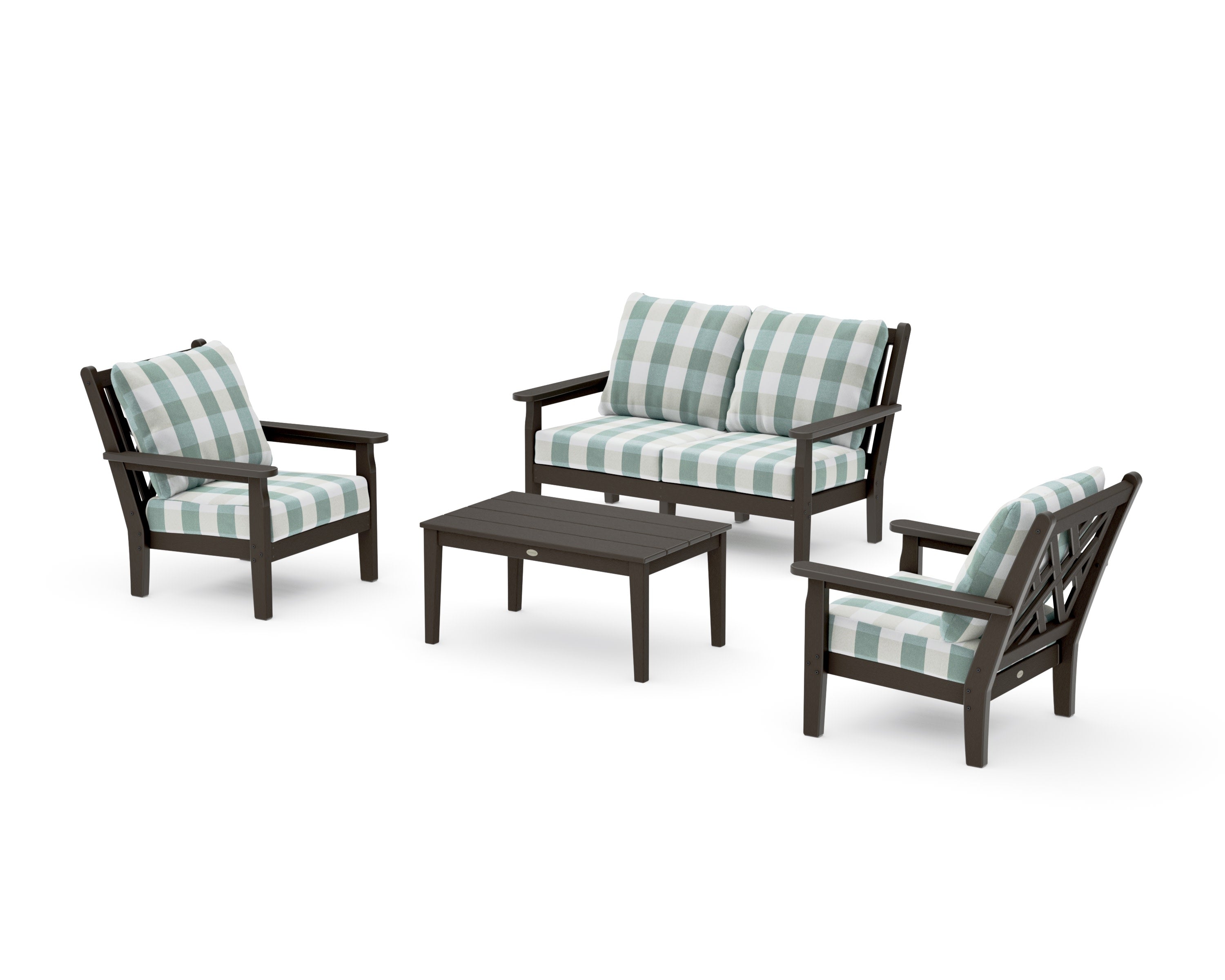 Chippendale 4-Piece Deep Seating Set with Loveseat in Vintage Coffee / Buffalo Plaid Glacier Spa