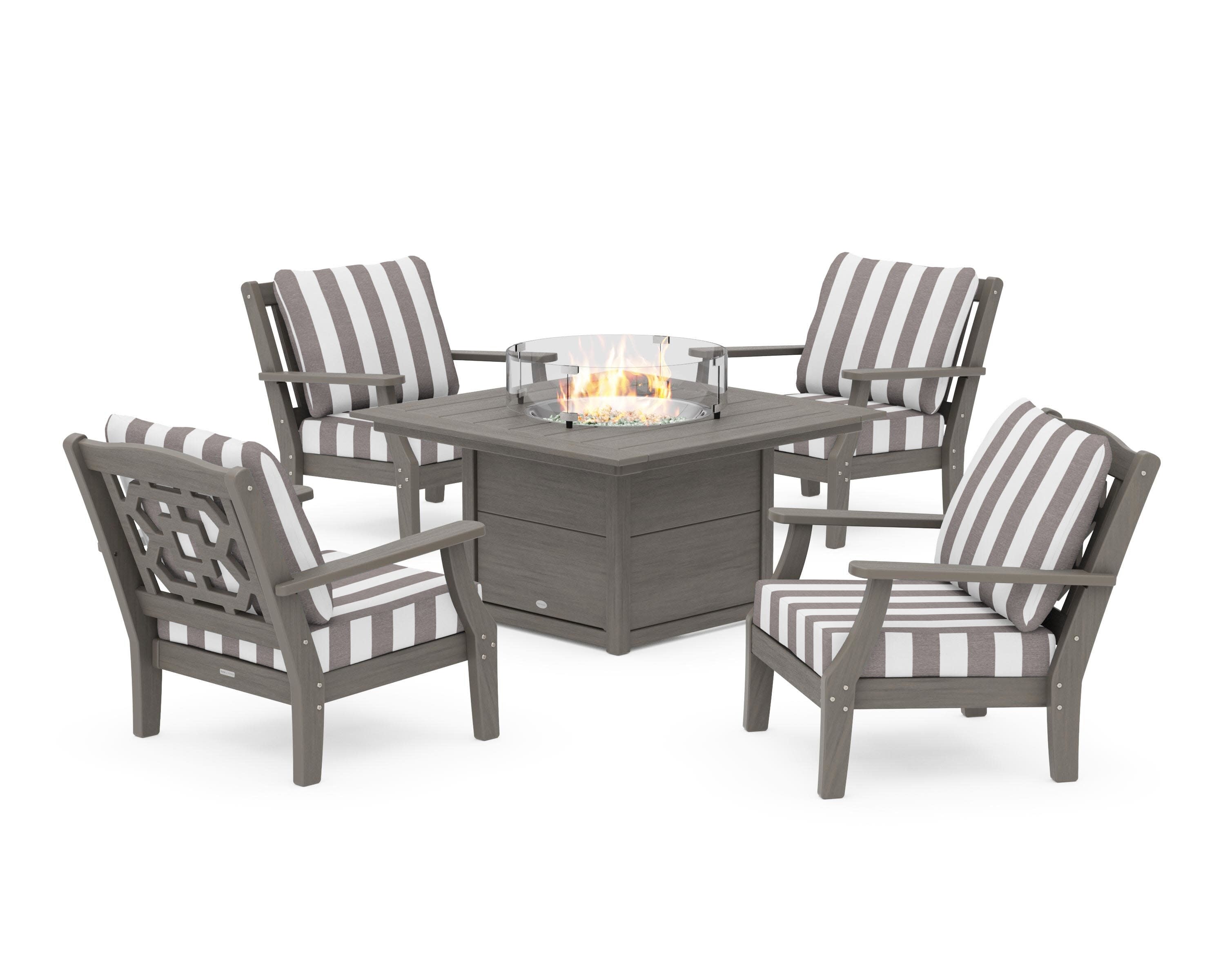 Chinoiserie 5-Piece Deep Seating Set with Fire Pit Table in Driftwood / Cabana Stripe Grey Mist