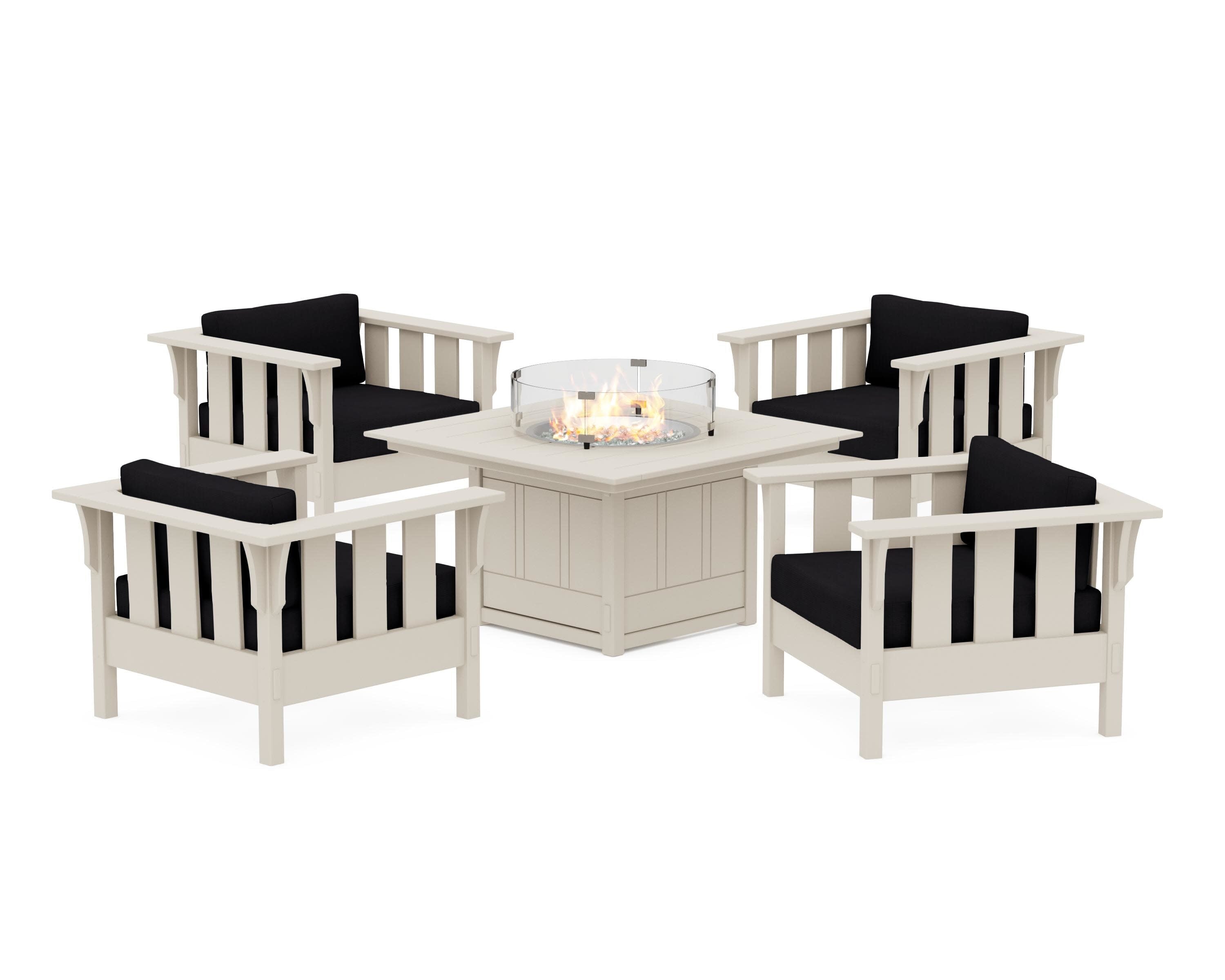 Acadia 5-Piece Deep Seating Set with Fire Pit Table in Sand / Midnight Linen