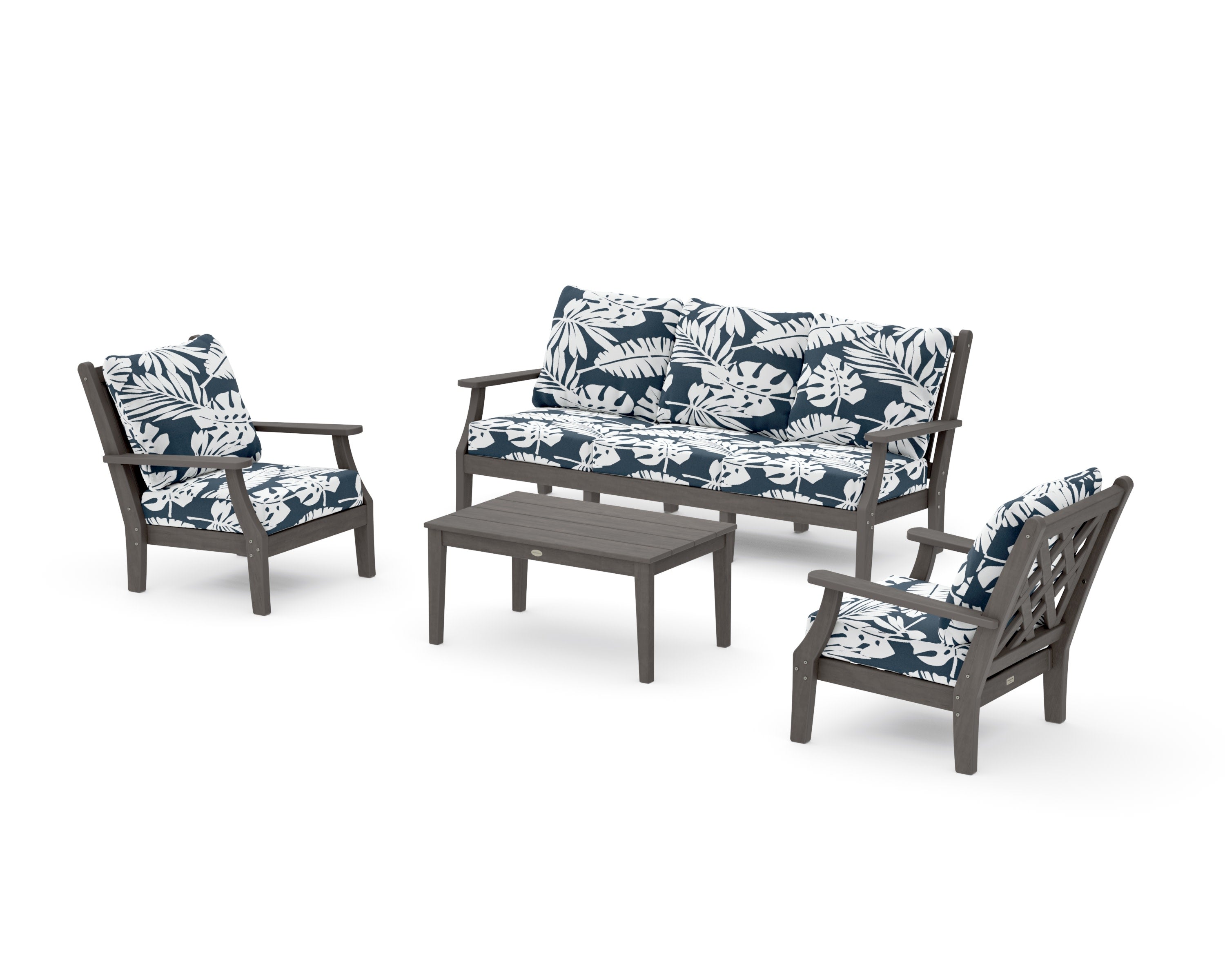 Wovendale 4-Piece Deep Seating Set with Sofa in Driftwood / Leaf Marine Indigo