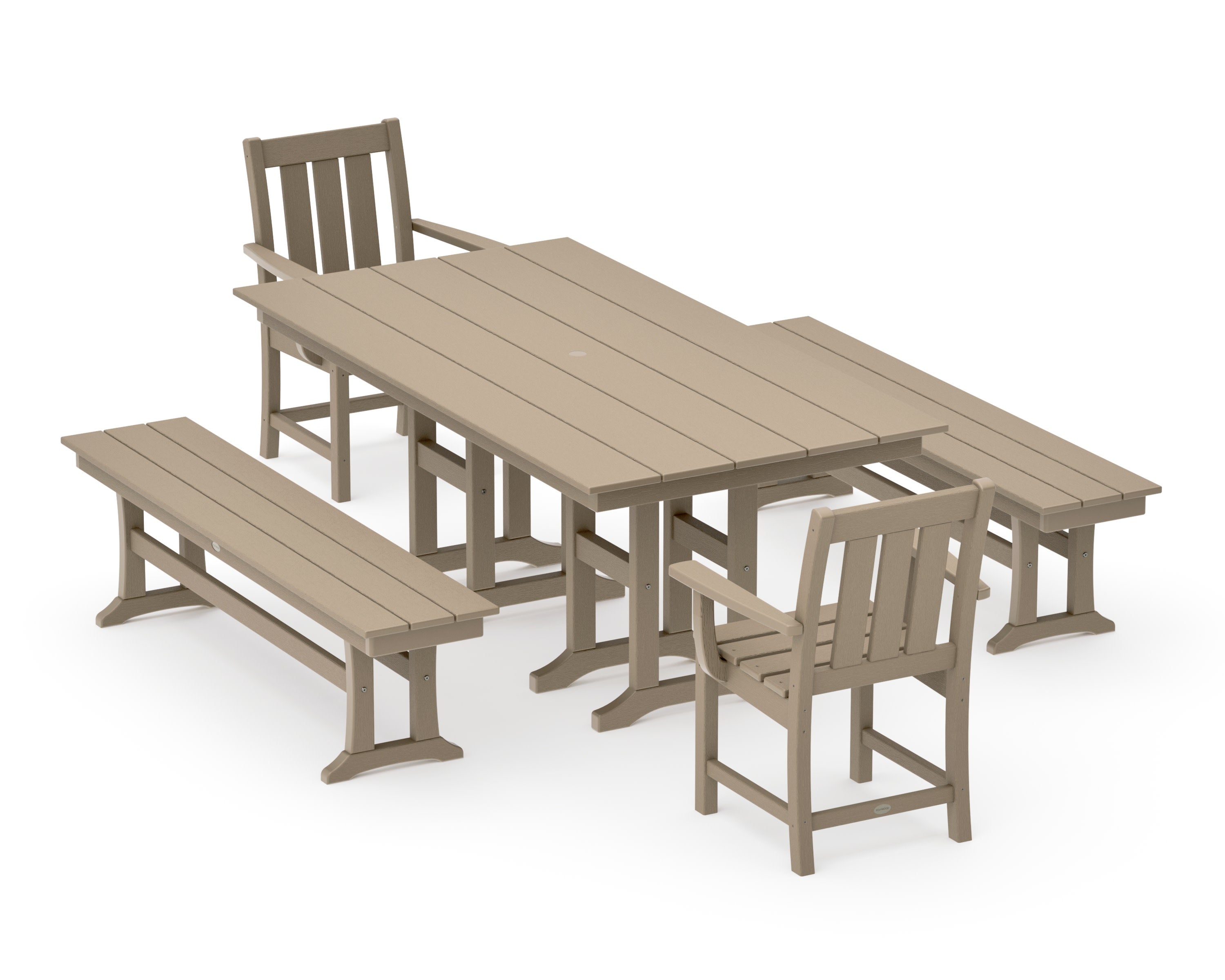 Oxford 5-Piece Farmhouse Dining Set with Benches in Vintage Sahara