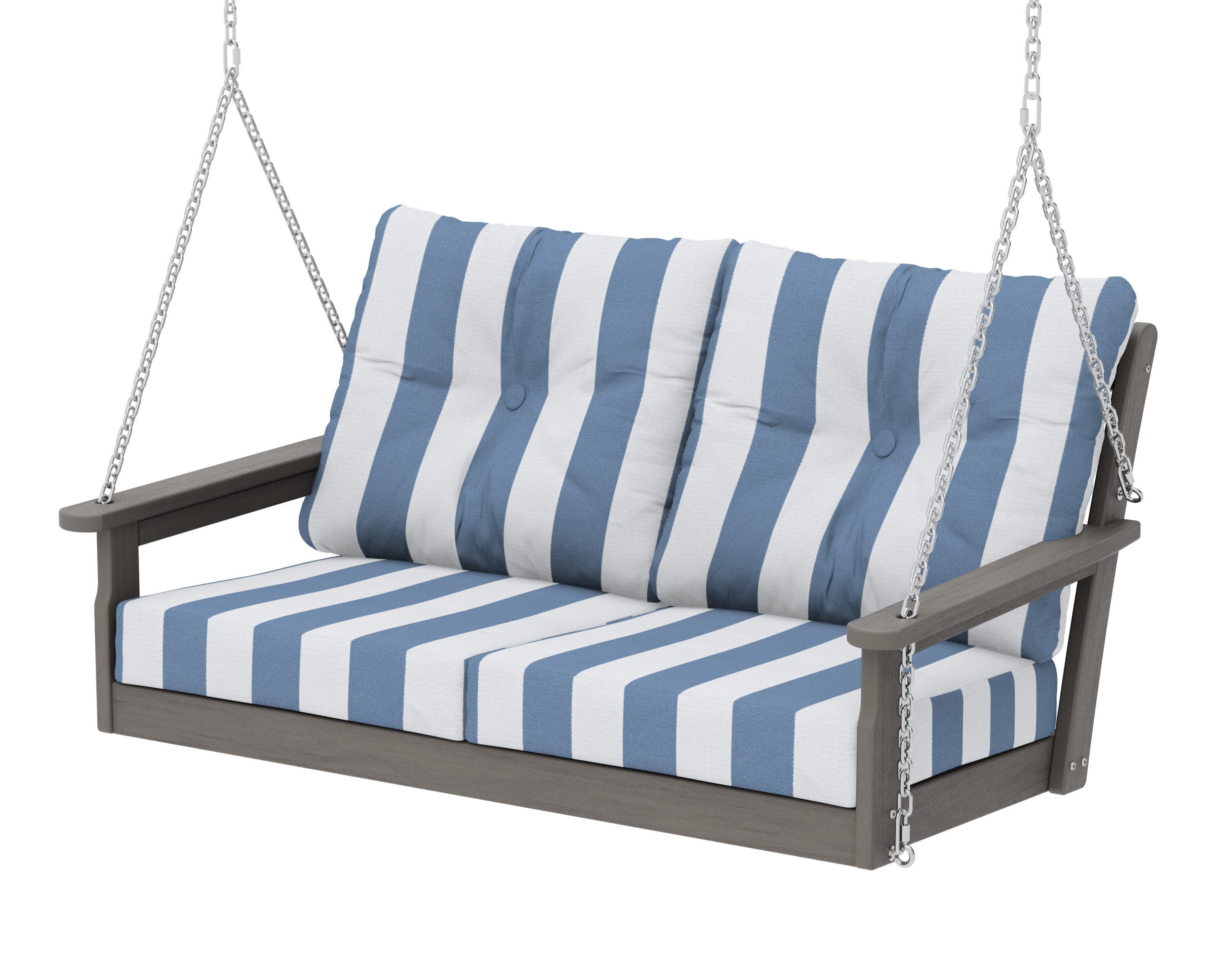 Vineyard Deep Seating Swing in Driftwood / Cabana Stripe Sky Blue