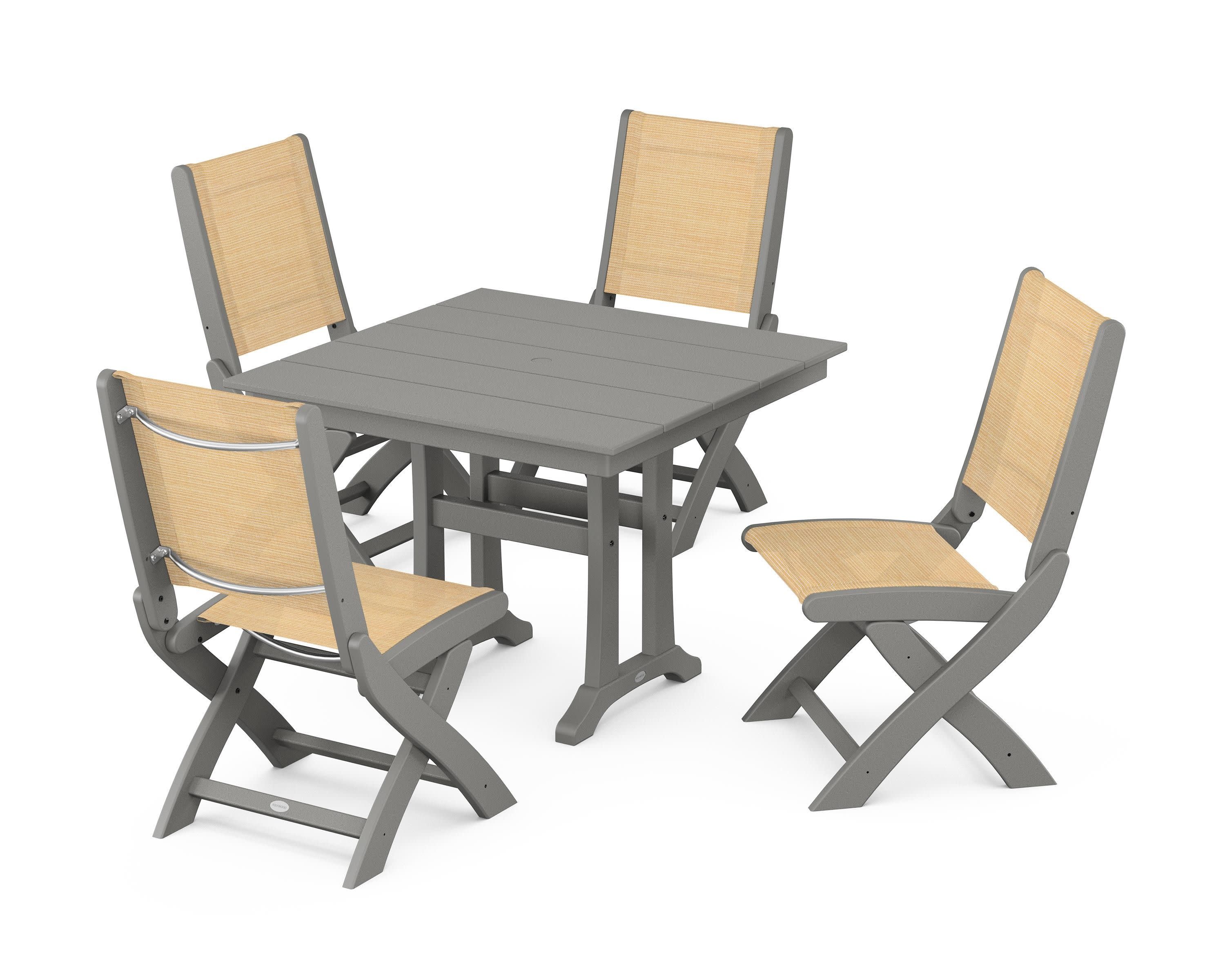 Coastal Folding Side Chair 5-Piece Farmhouse Dining Set With Trestle Legs in Slate Grey / Dupioni Apricot Sling