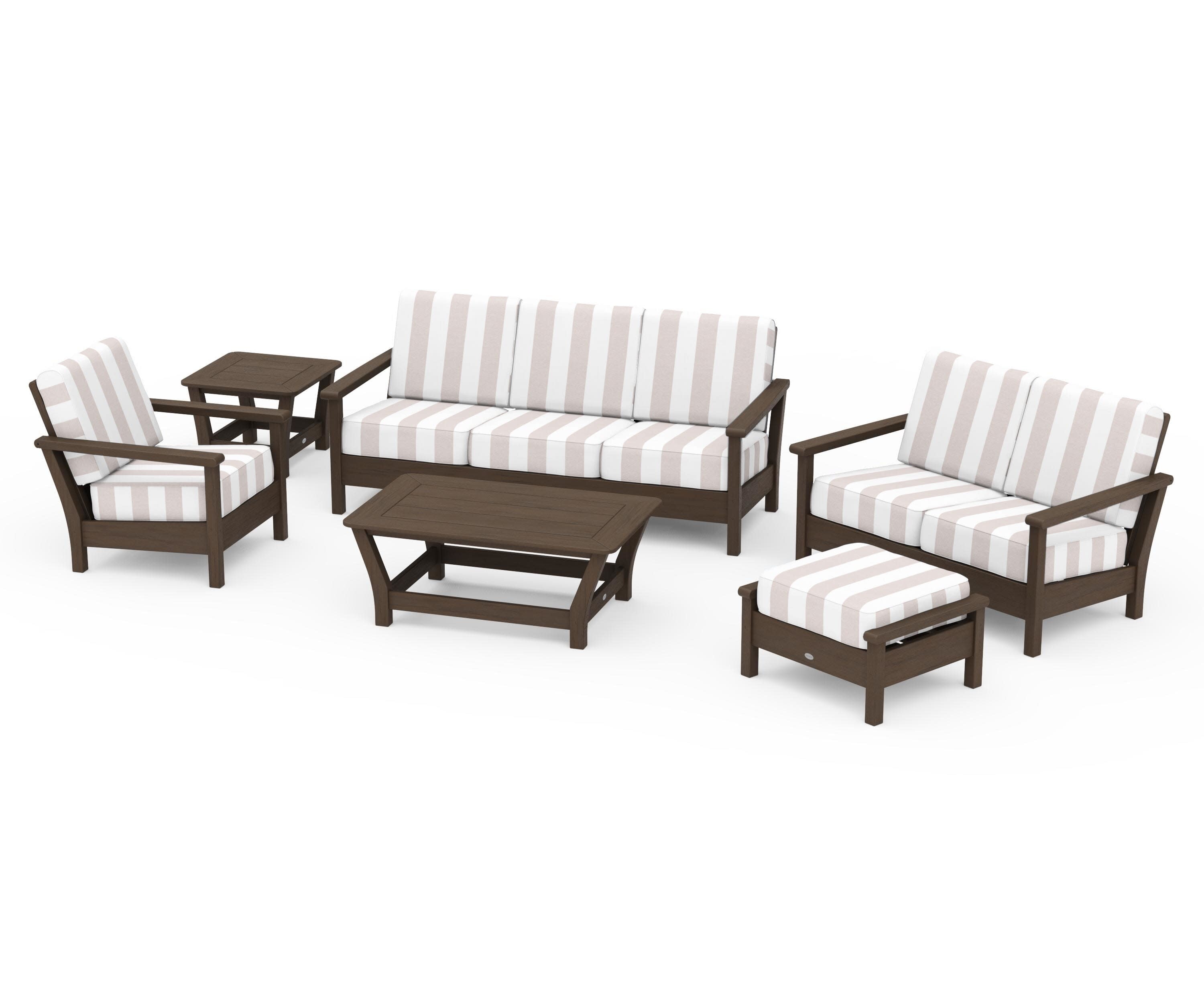 Harbour 6-Piece Outdoor Living Set in Kona / Cabana Stripe Dune Burlap