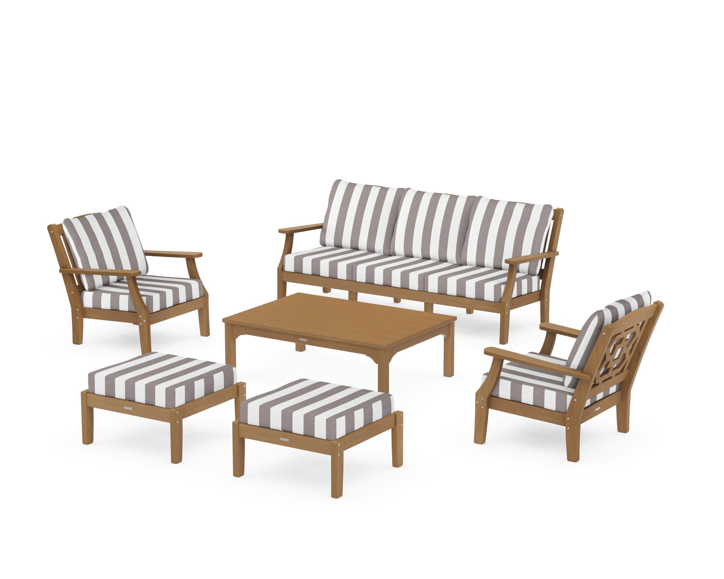 Chinoiserie 6-Piece Lounge Sofa Set in Natural / Cabana Stripe Grey Mist