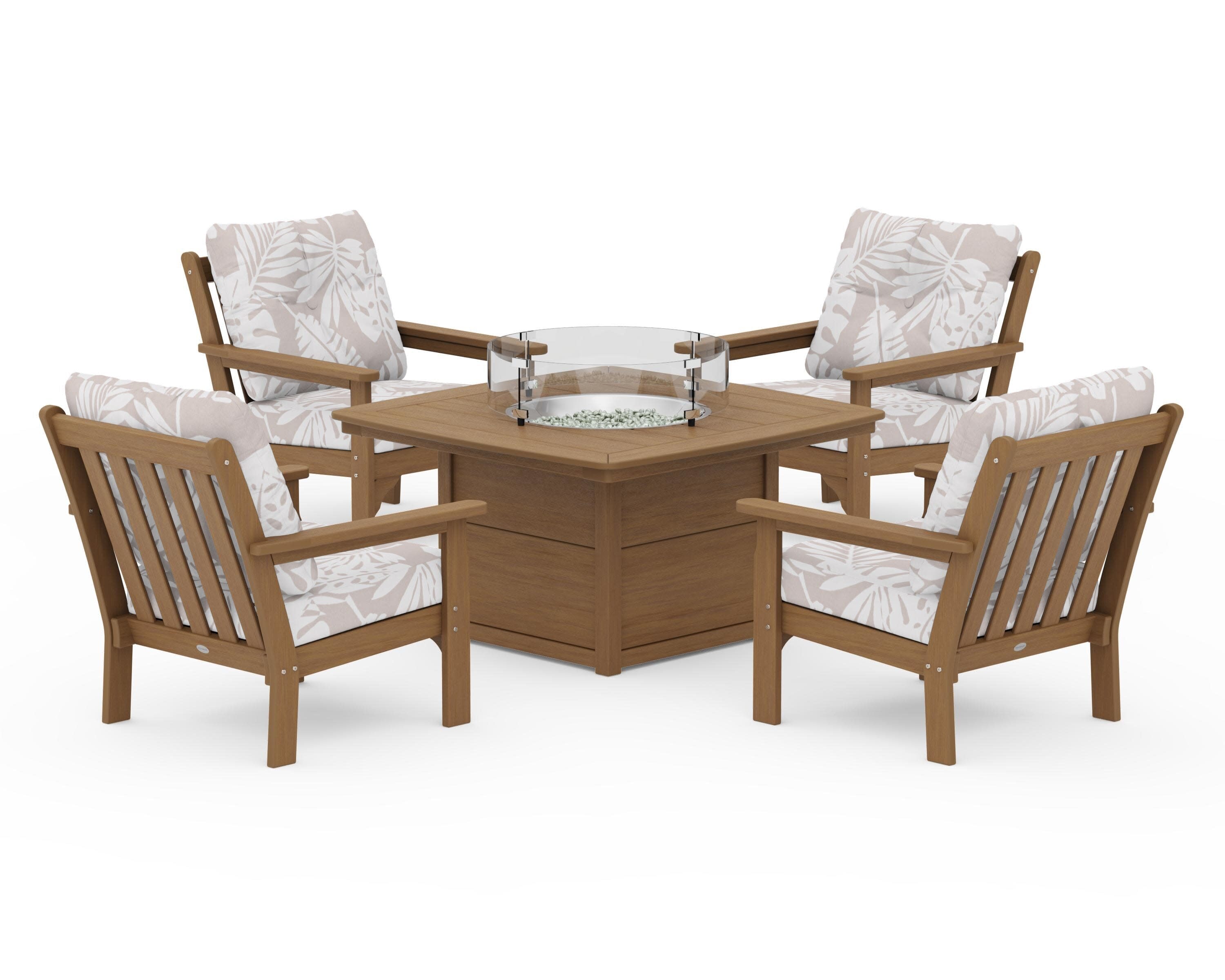Vineyard 5-Piece Conversation Set with Fire Pit Table in Natural / Leaf Dune Burlap