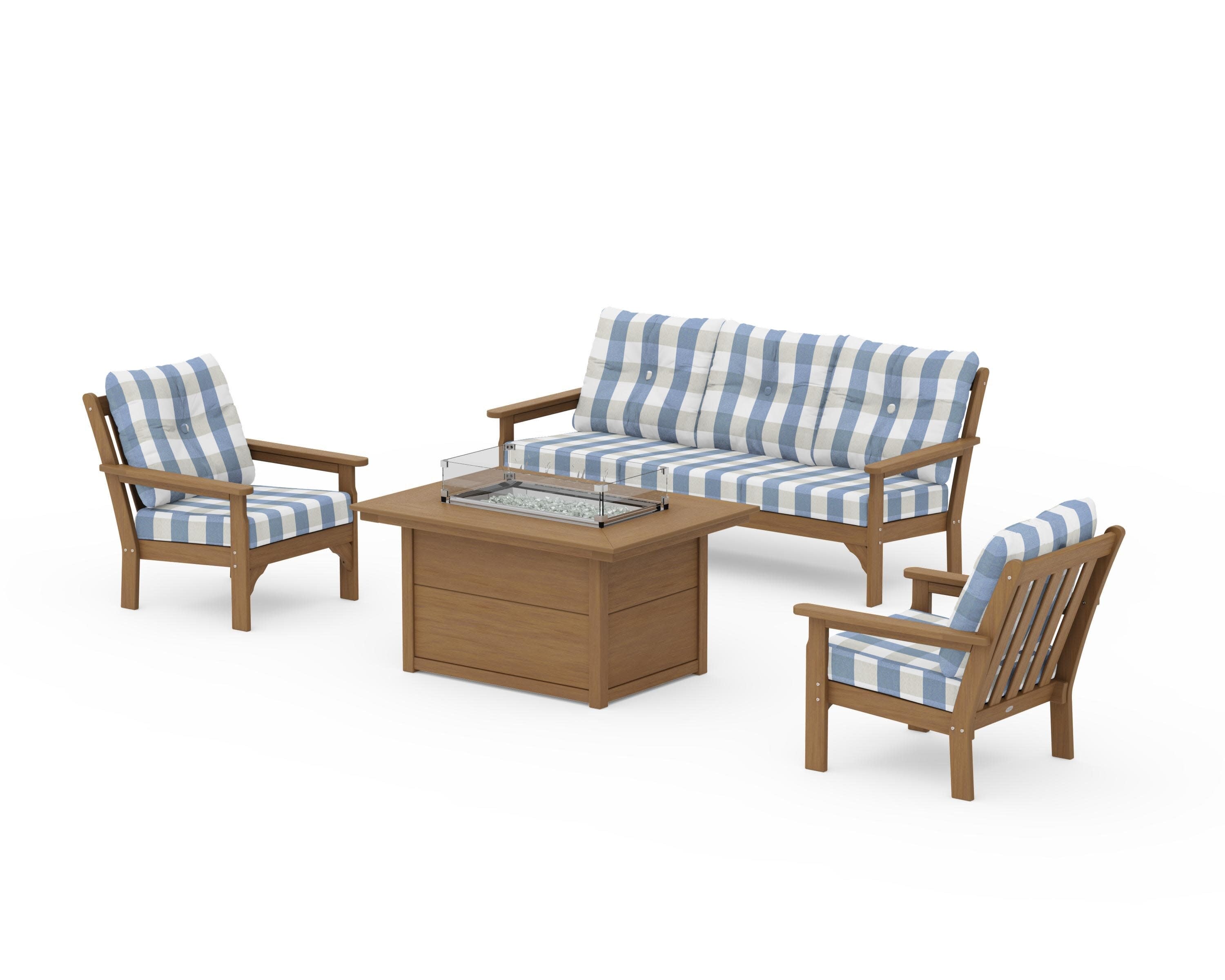 Vineyard Deep Seating Fire Pit Table Set in Natural / Buffalo Plaid Sky Blue