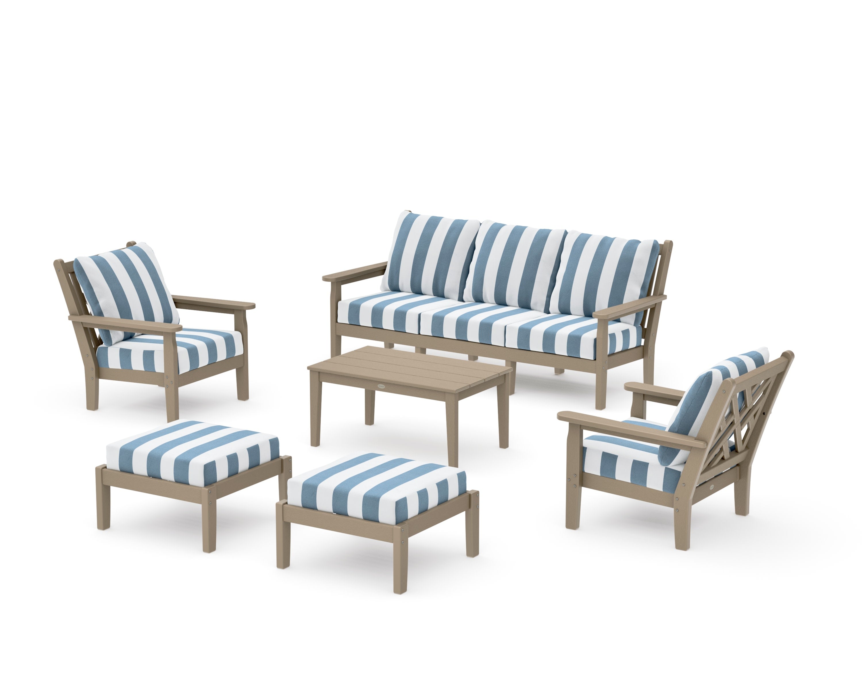Chippendale 6-Piece Lounge Sofa Set in Vintage Sahara / Cabana Stripe Sky Blue