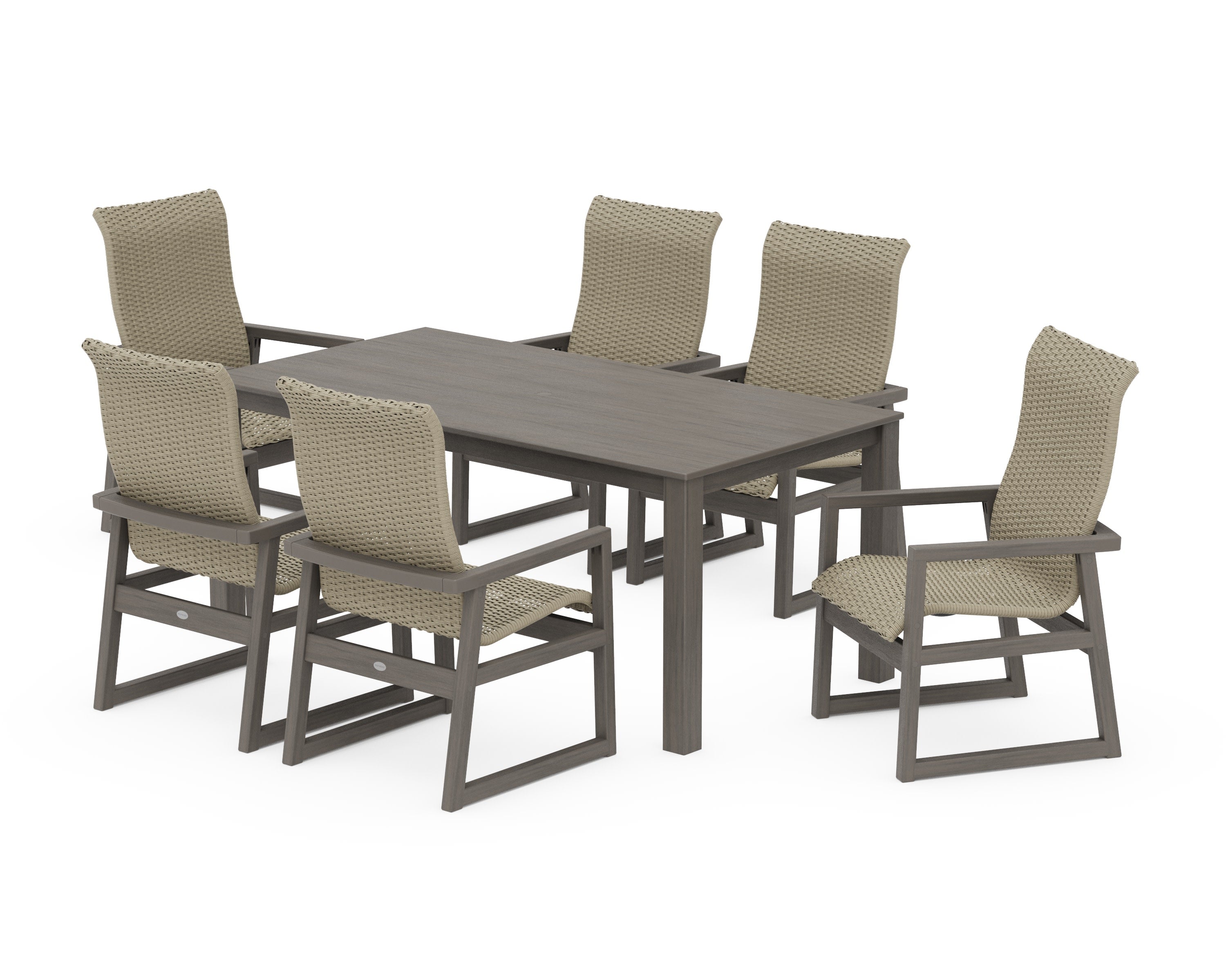 EDGE Woven Highback Arm Chair 7-Piece Parsons Dining Set in Driftwood / Dune Grass