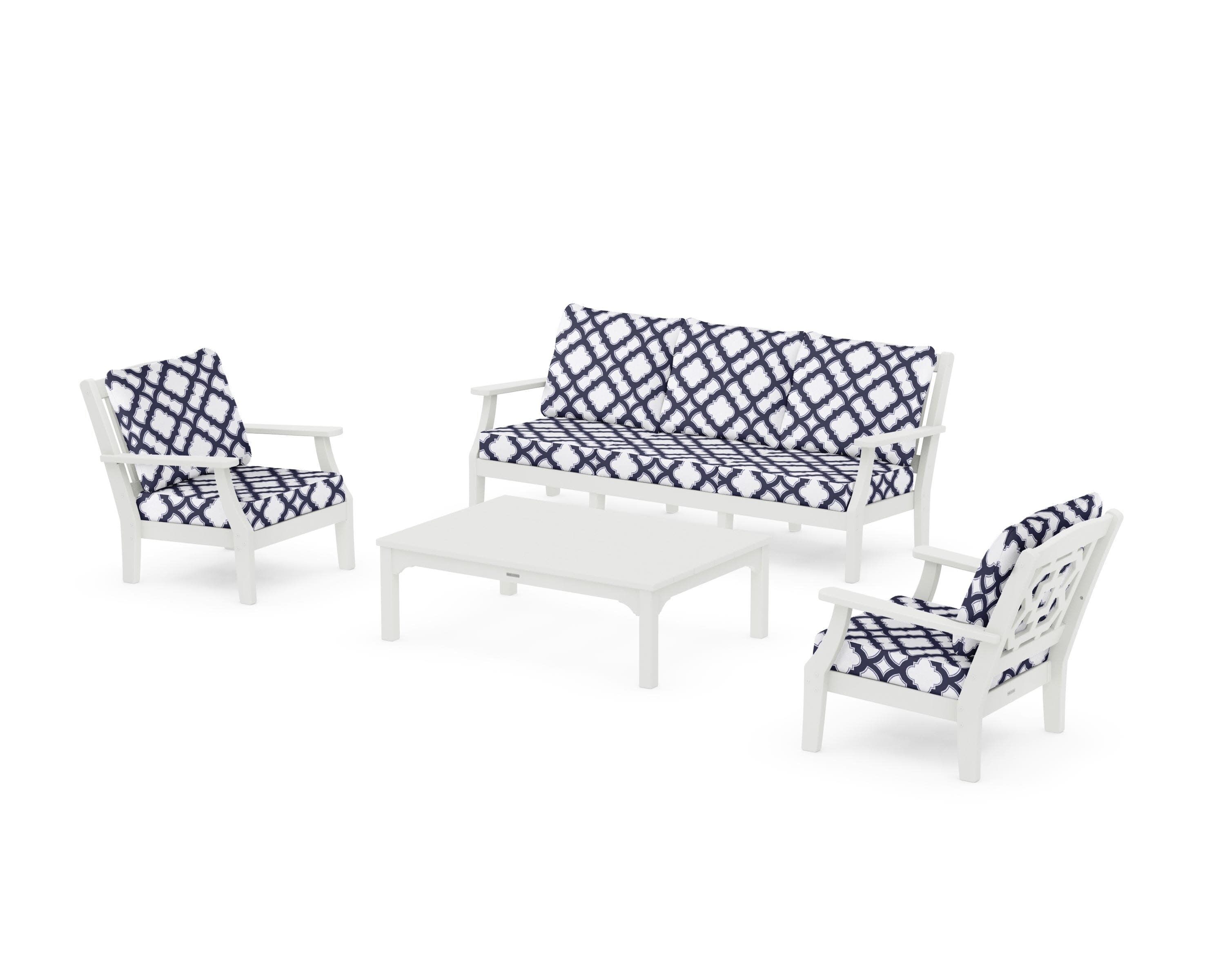Chinoiserie 4-Piece Deep Seating Set with Sofa in Vintage White / Trellis Navy