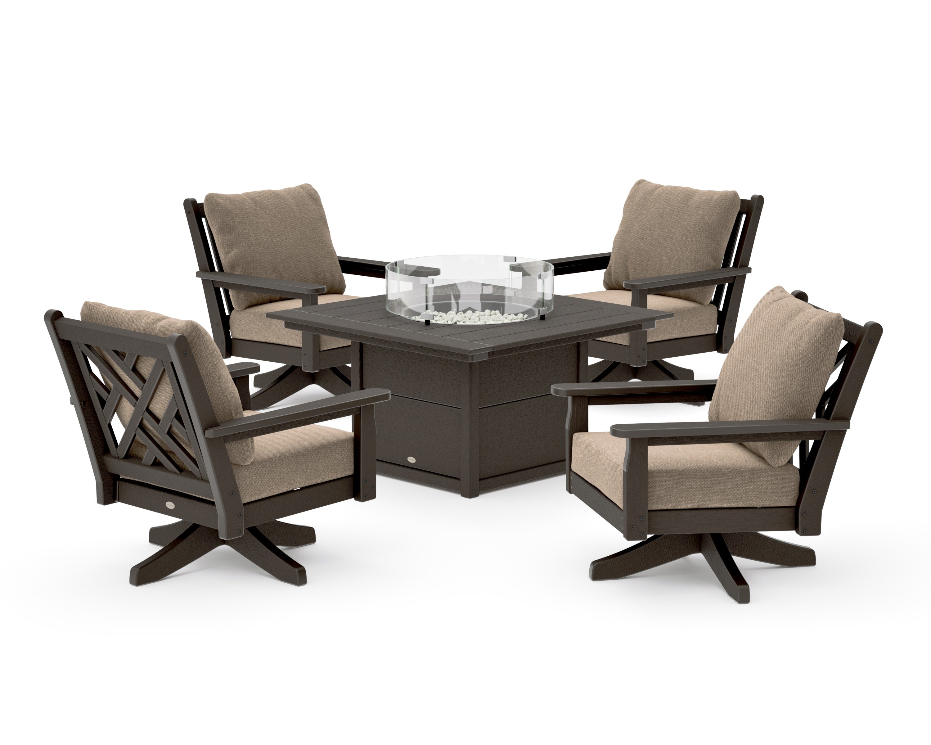 Chippendale 5-Piece Deep Seating Swivel Conversation Set with Fire Pit Table in Vintage Coffee / Spiced Burlap