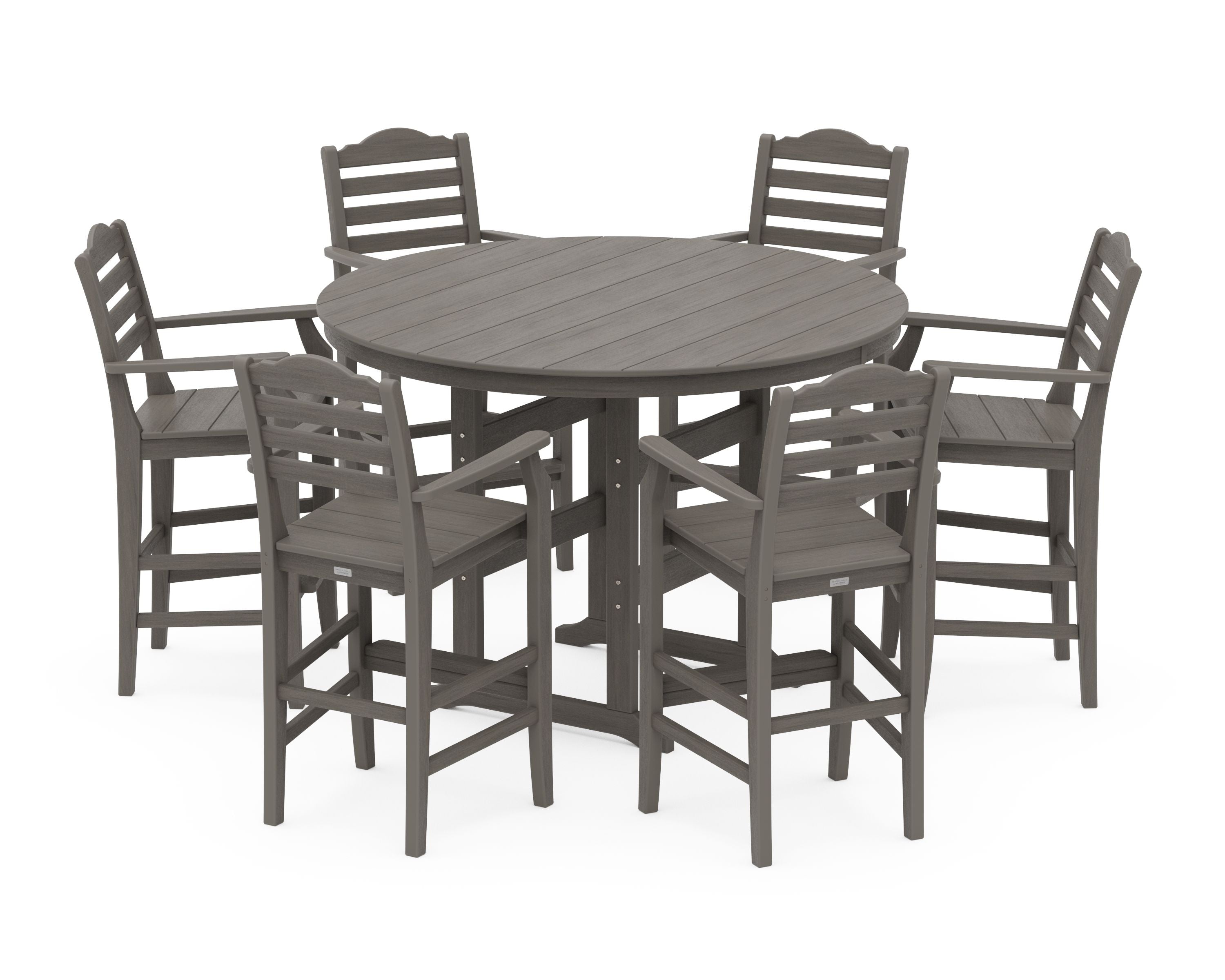 Savannah 7-Piece Arm Chair Round Farmhouse Bar Set in Driftwood