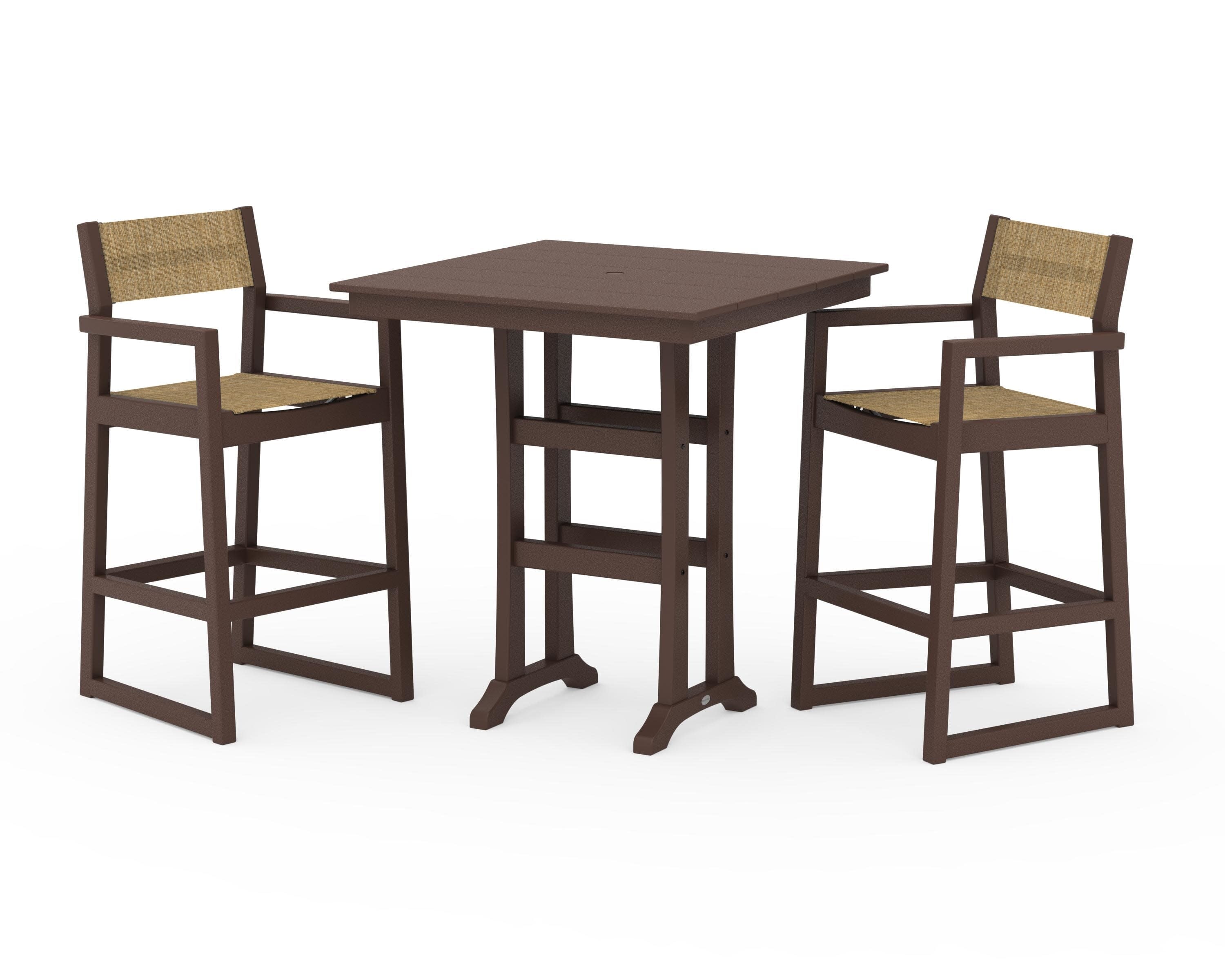 EDGE Sling Arm Chair 3-Piece Farmhouse Bar Set with Trestle Legs in Mahogany / Burlap Sling