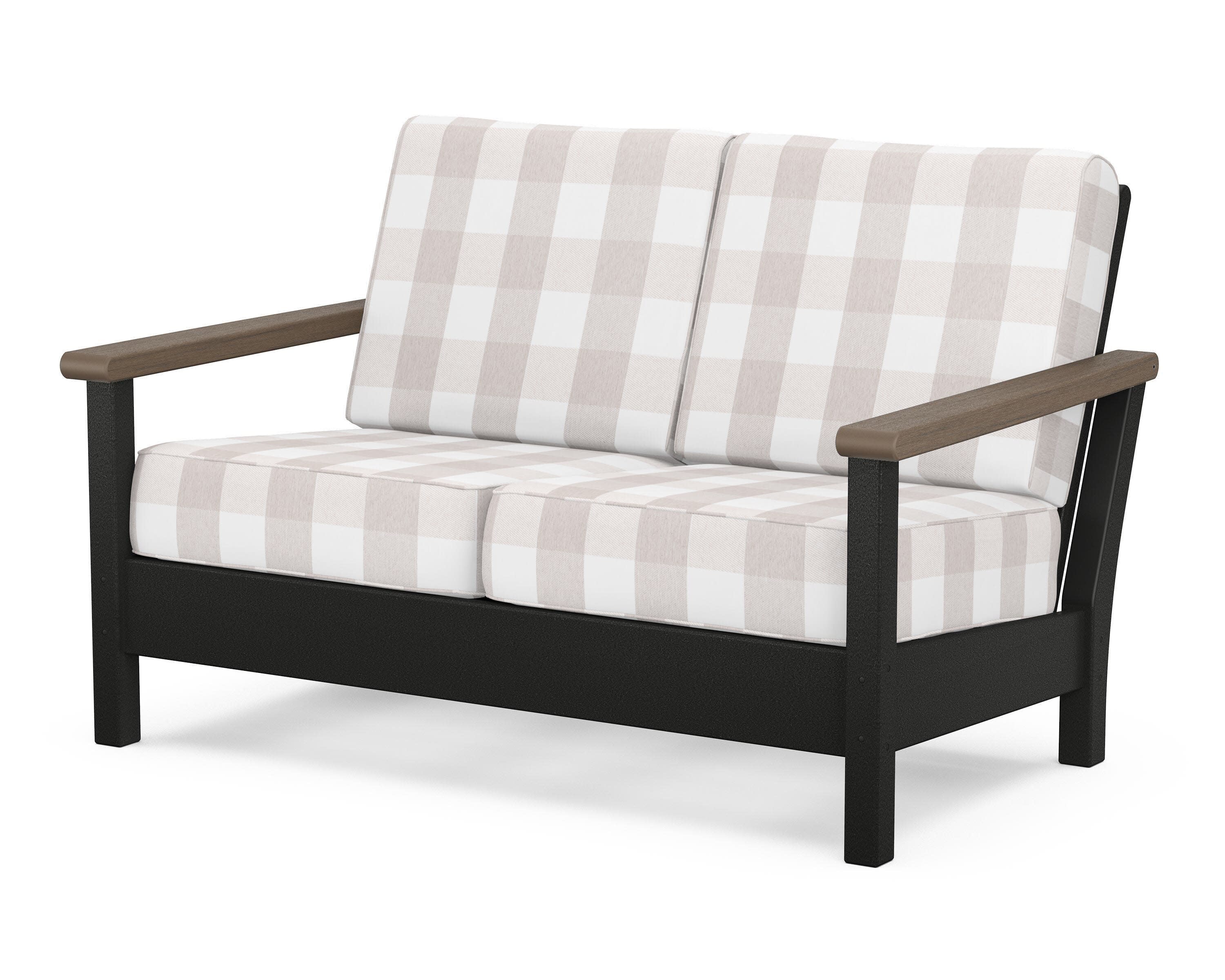 Harbour Deep Seating Loveseat in Black / Kona / Buffalo Plaid Dune Burlap