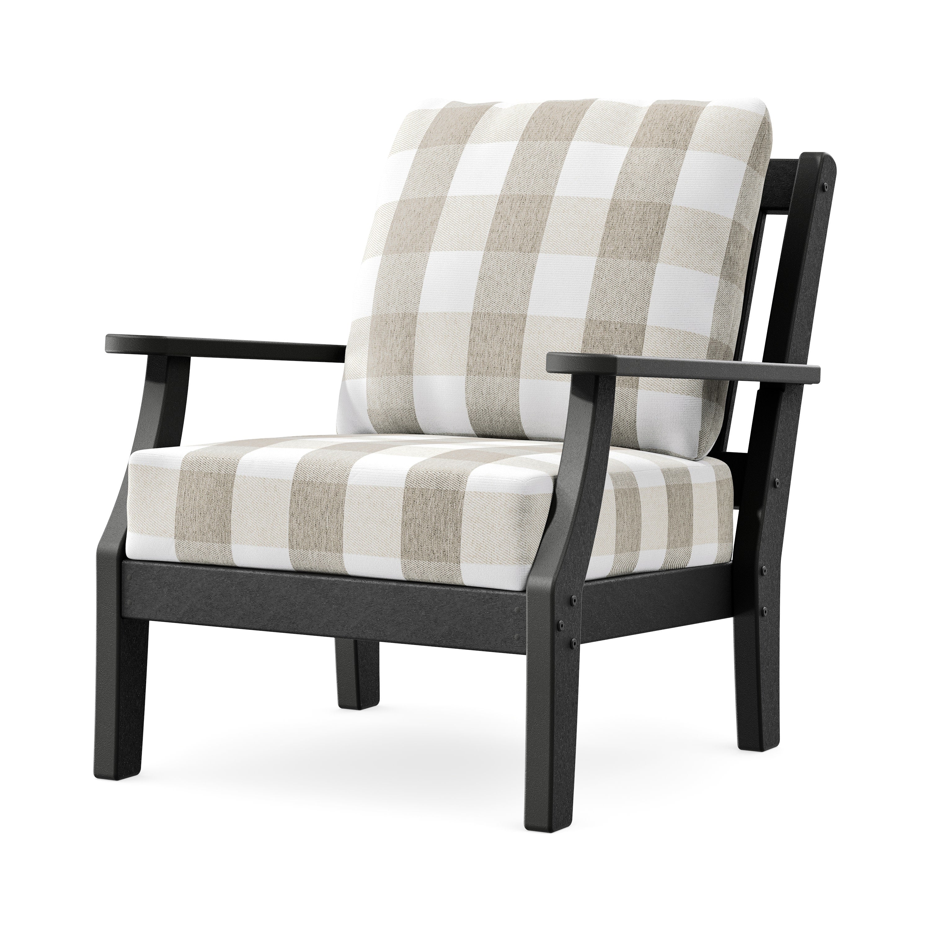 Chinoiserie Deep Seating Chair in Black / Buffalo Plaid Dune Burlap