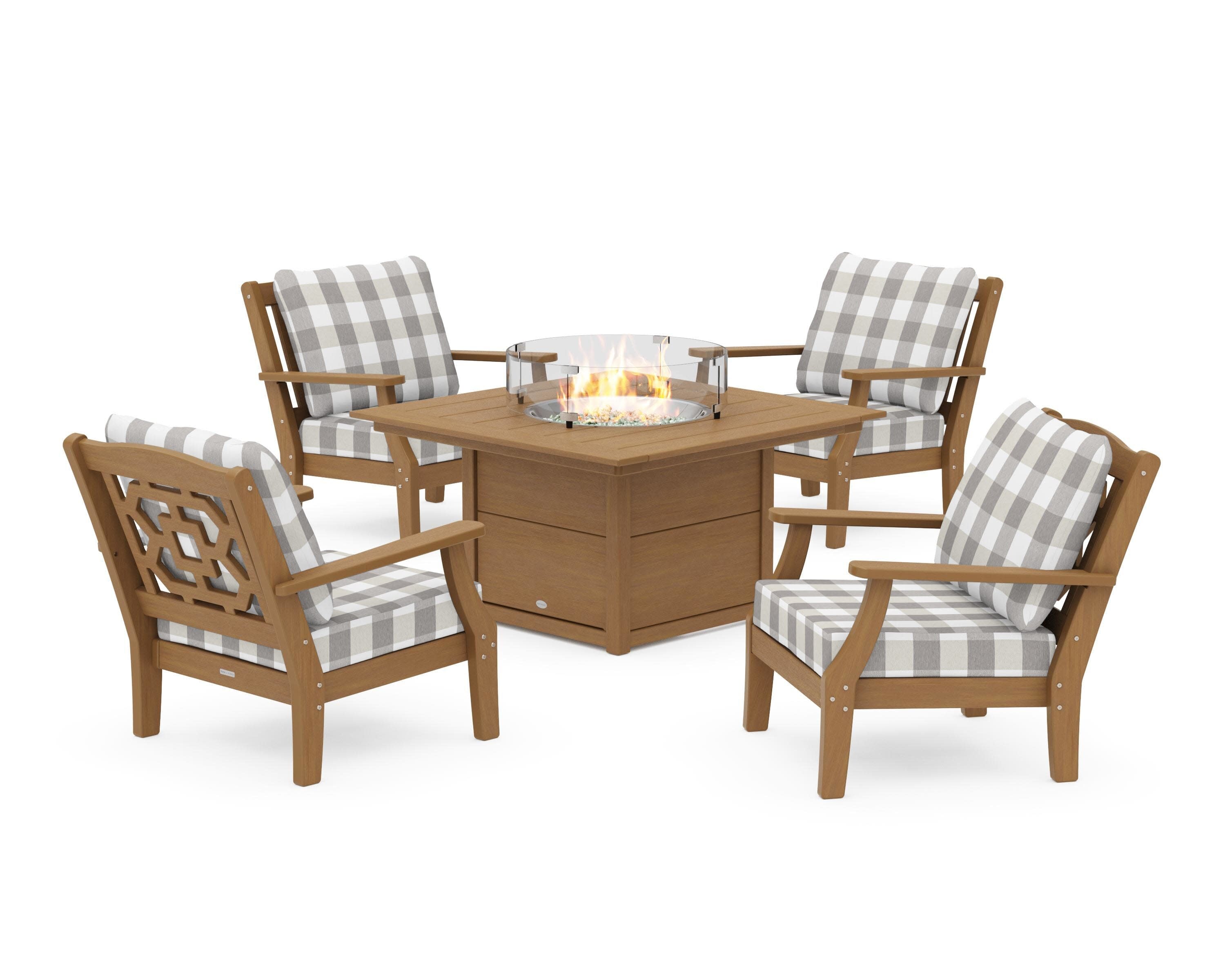 Chinoiserie 5-Piece Deep Seating Set with Fire Pit Table in Natural / Buffalo Plaid Grey Mist