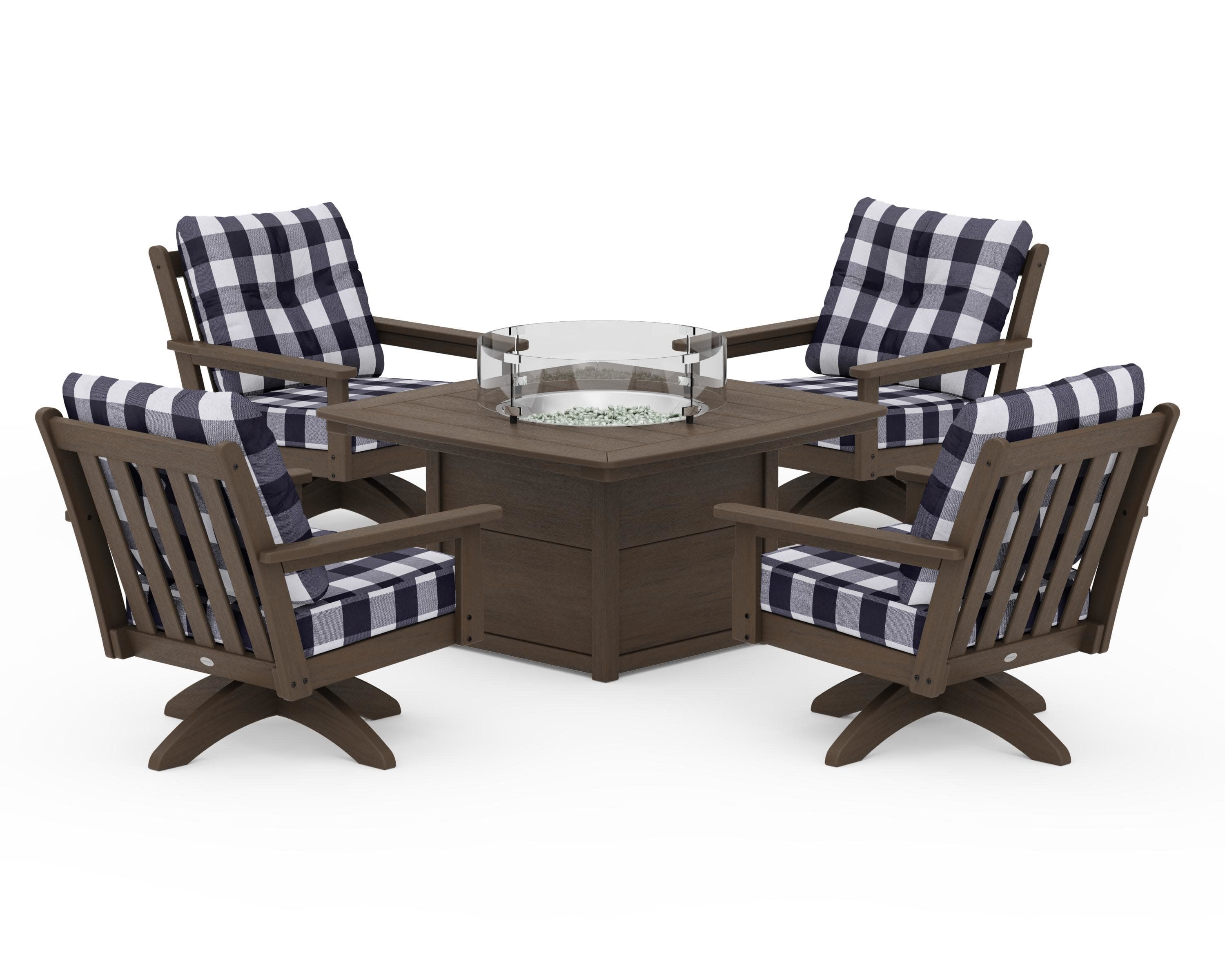 Vineyard 5-Piece Deep Seating Swivel Conversation Set with Fire Pit Table in Kona / Buffalo Plaid Navy