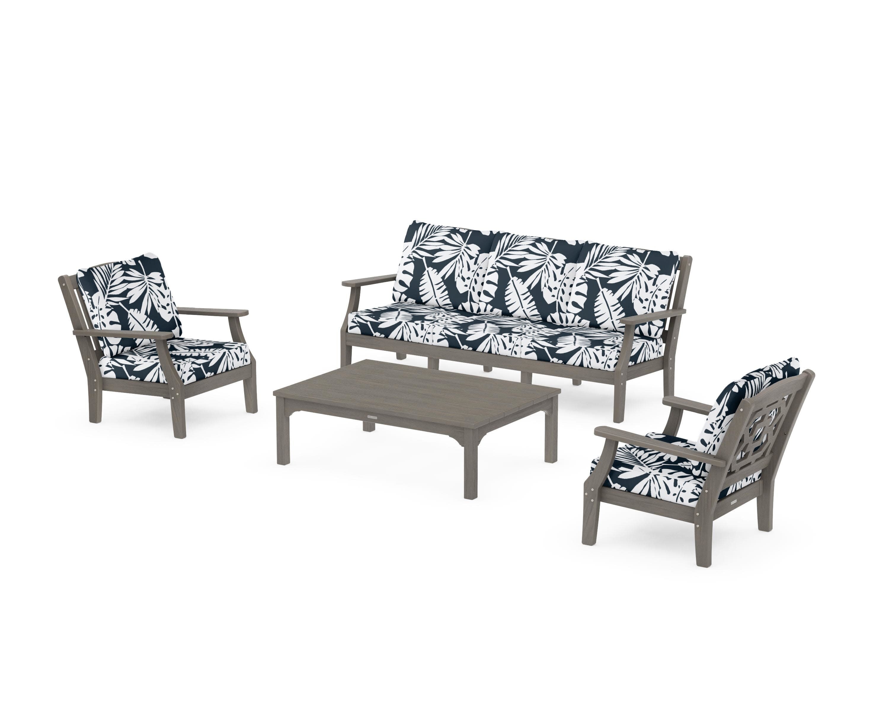 Chinoiserie 4-Piece Deep Seating Set with Sofa in Driftwood / Leaf Marine Indigo