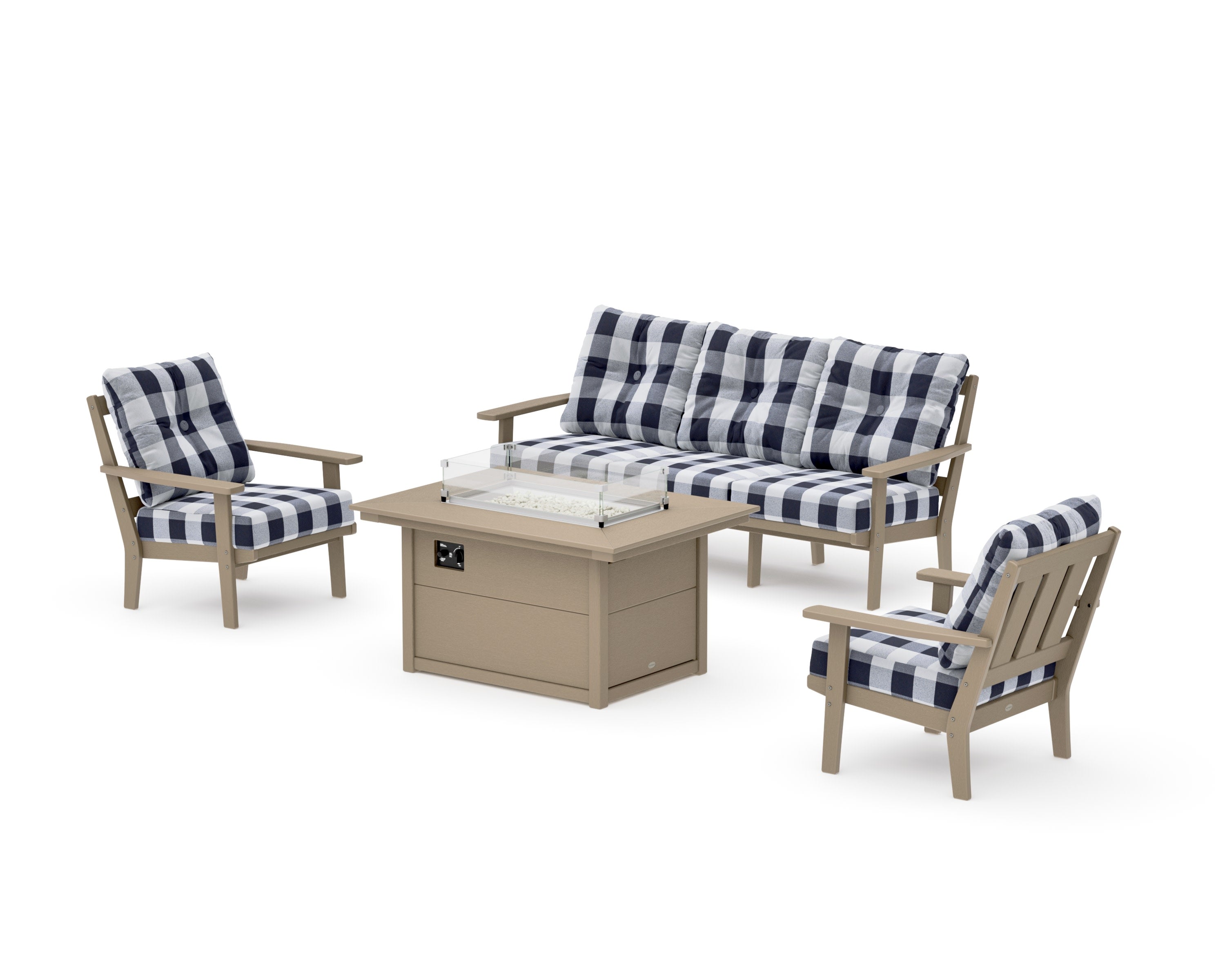 Oxford Deep Seating Fire Pit Table Set in Vintage Sahara / Buffalo Plaid Navy