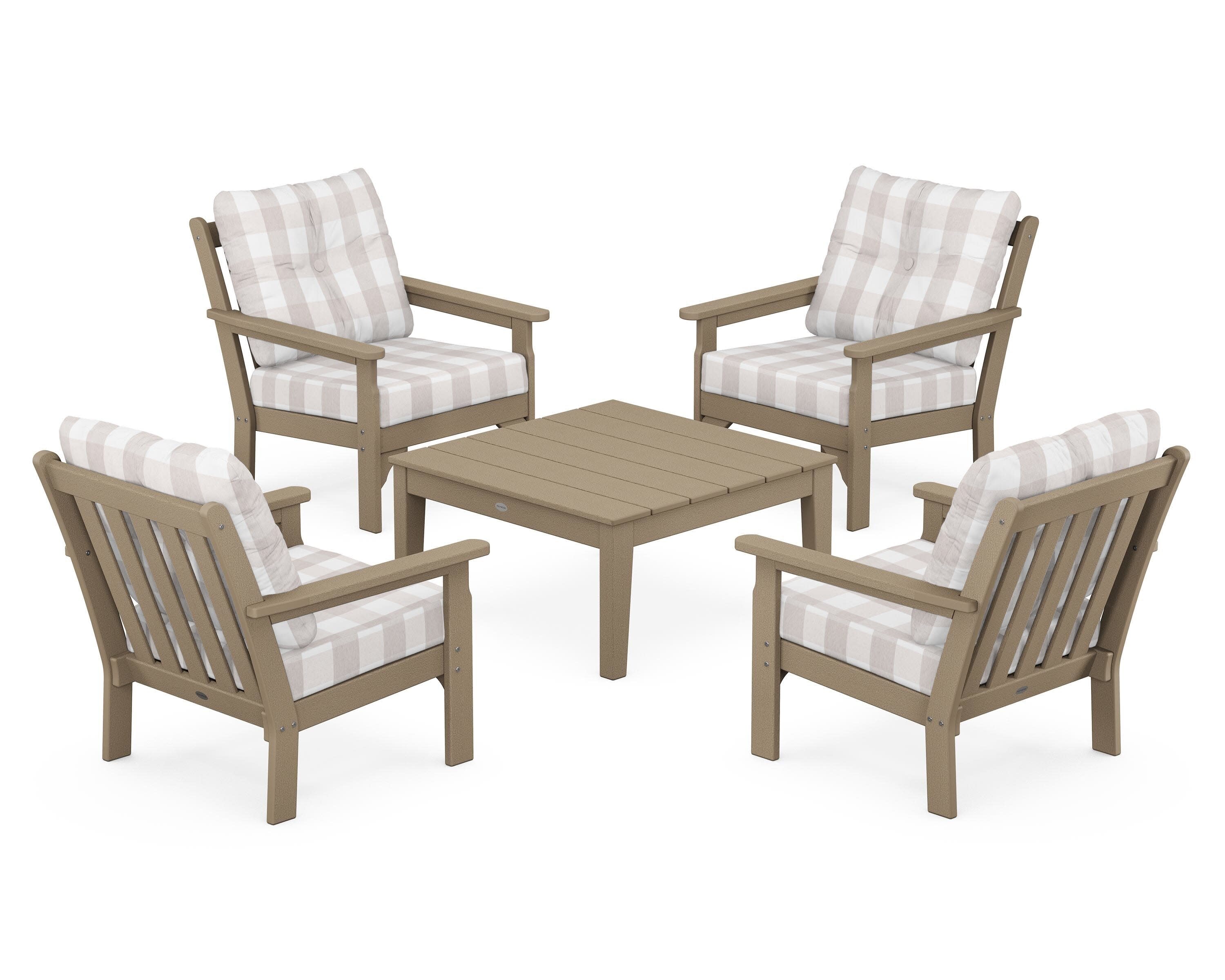 Vineyard 5-Piece Deep Seating Conversation Set in Vintage Sahara / Buffalo Plaid Dune Burlap
