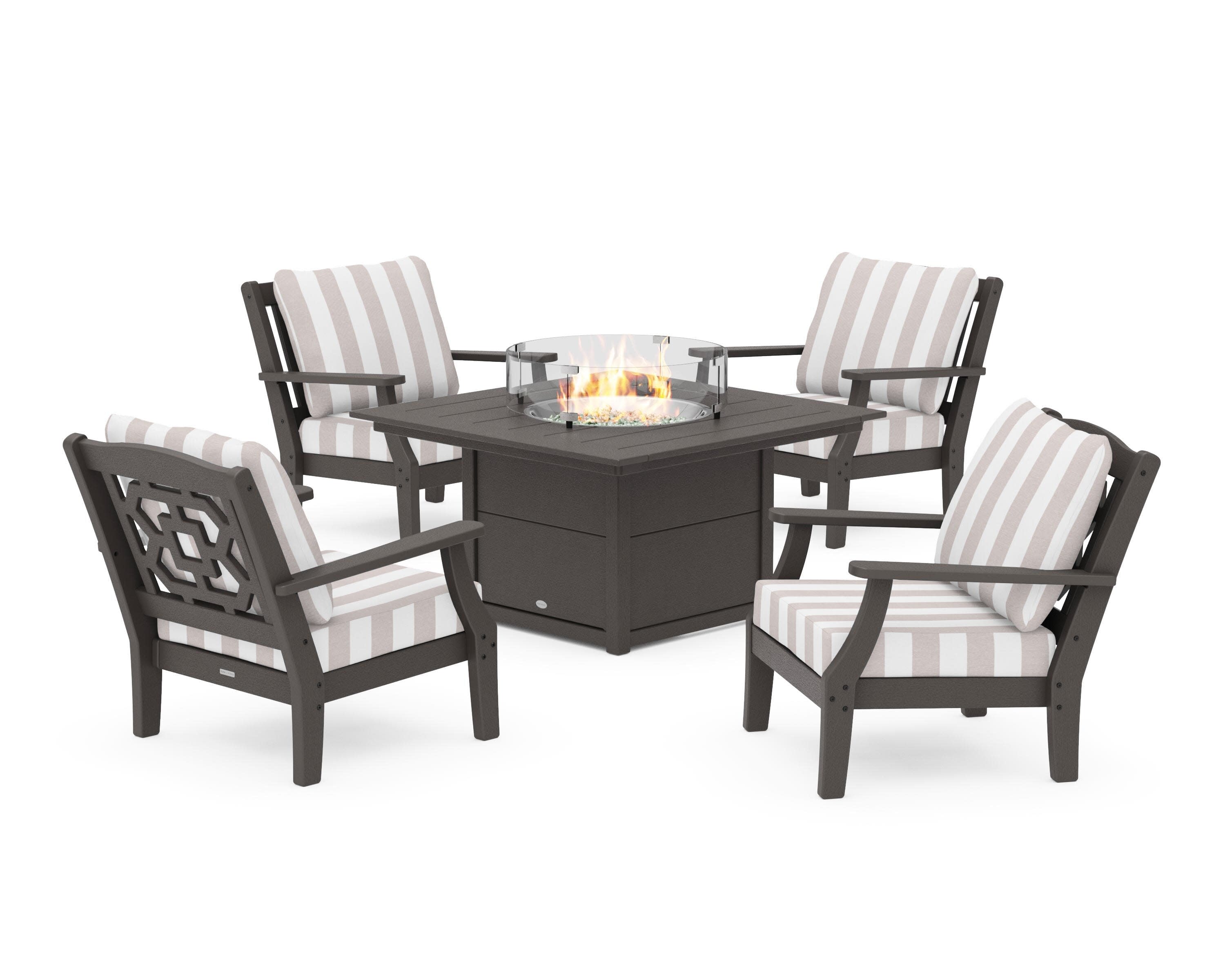Chinoiserie 5-Piece Deep Seating Set with Fire Pit Table in Vintage Coffee / Cabana Stripe Dune Burlap