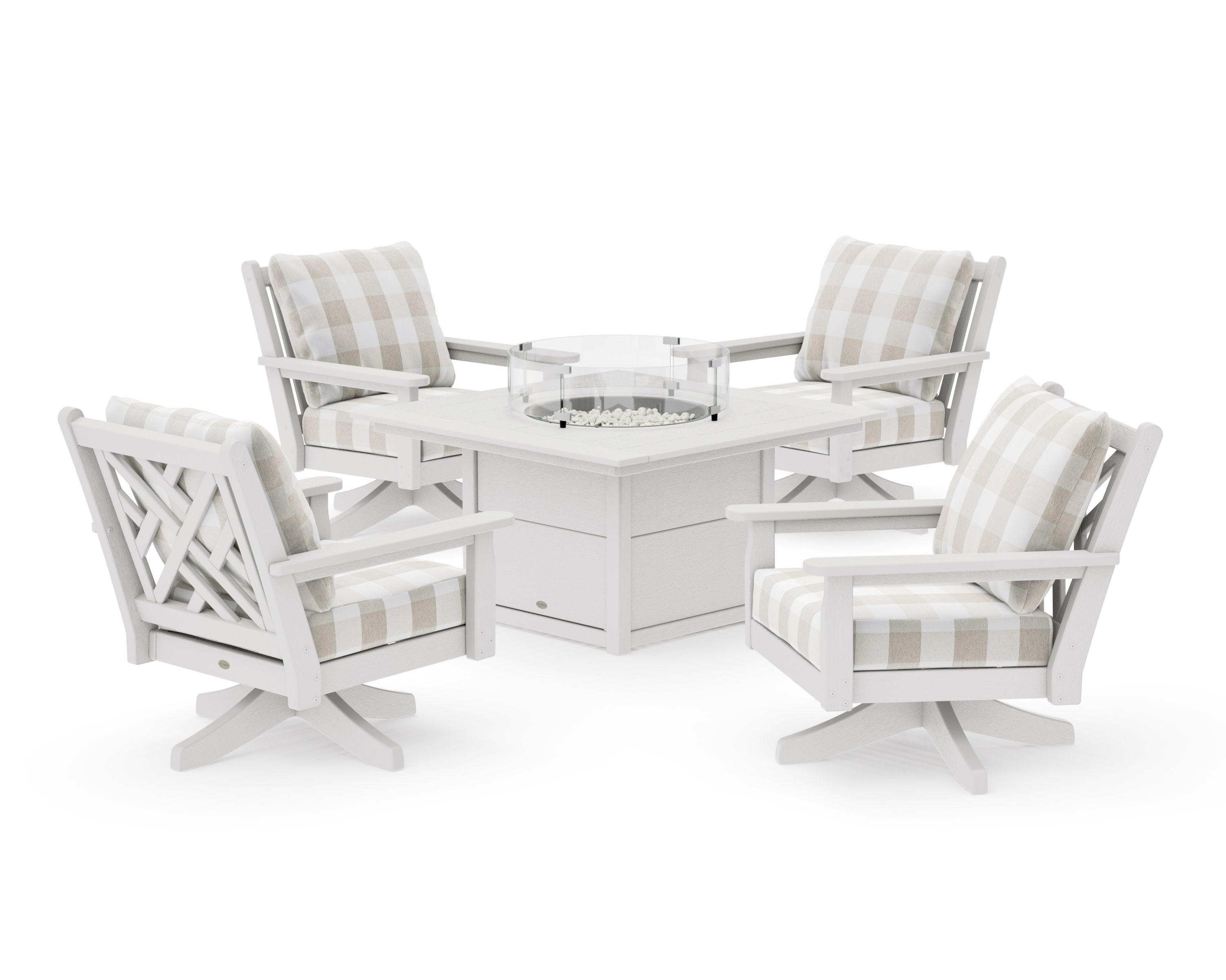 Chippendale 5-Piece Deep Seating Swivel Conversation Set with Fire Pit Table in Vintage White / Buffalo Plaid Dune Burlap