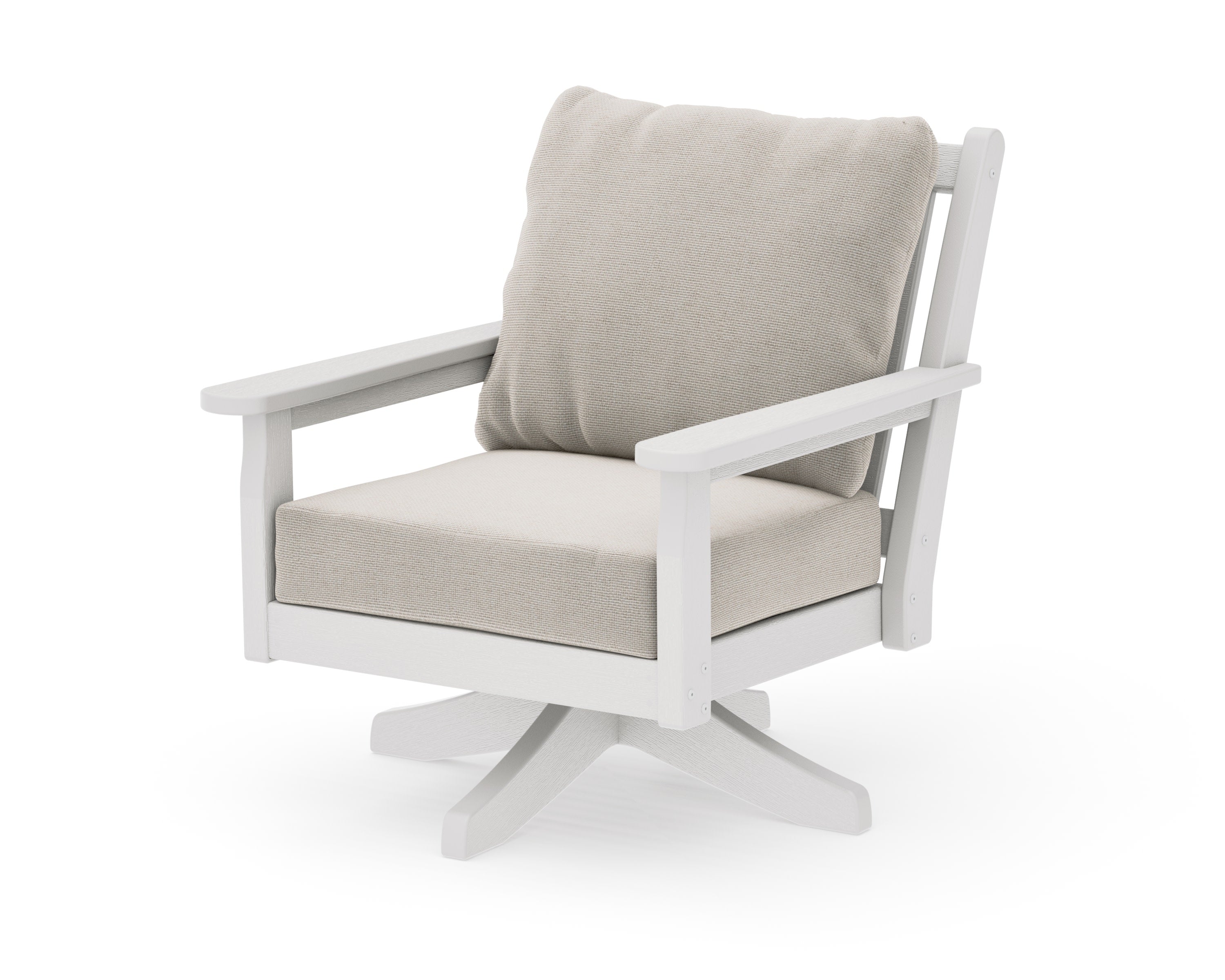 Chippendale Deep Seating Swivel Chair in Vintage White / Dune Burlap